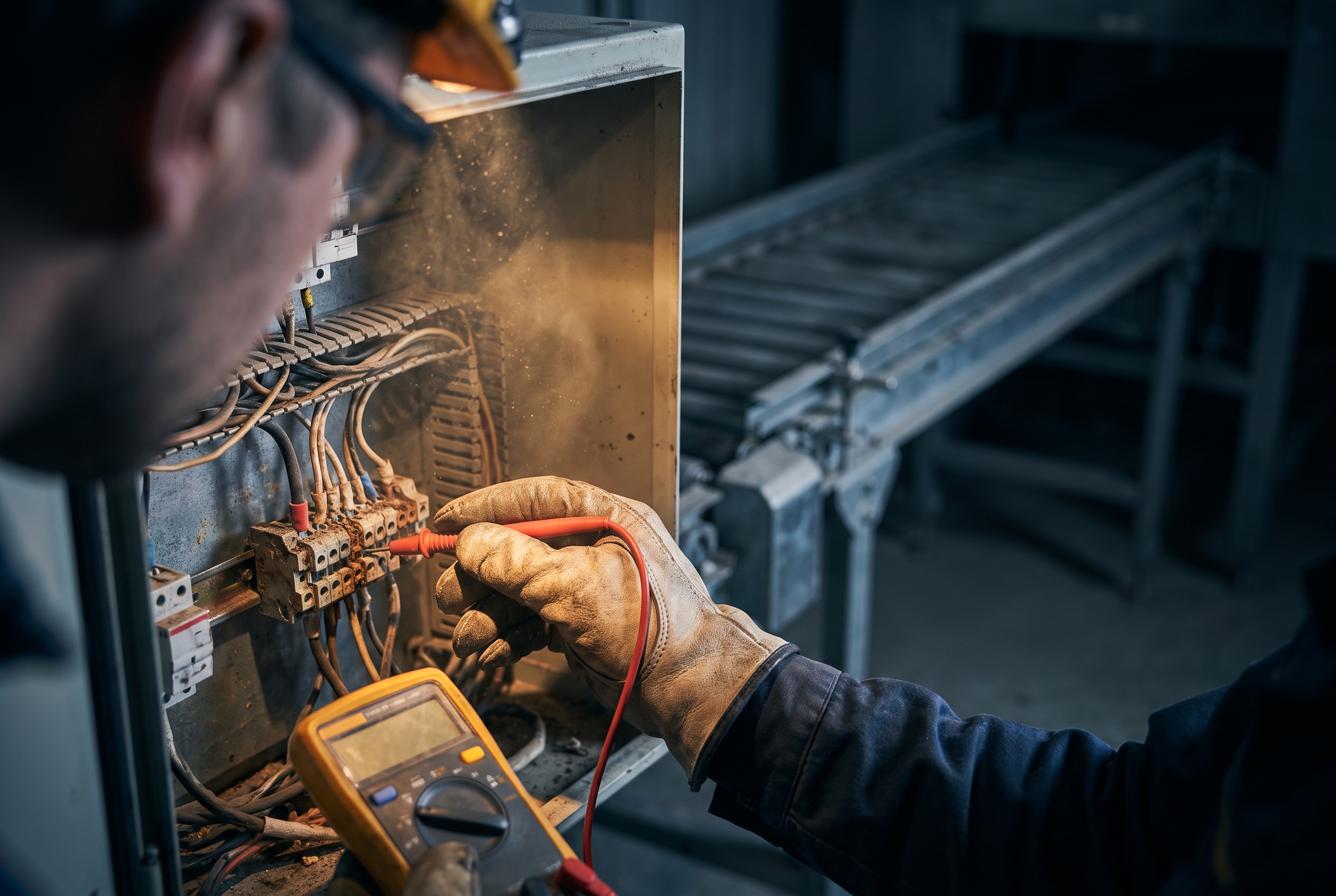 A technician's gloved hands work inside an open electrical cabinet by headlamp light, multimeter probe on a terminal, with a stalled conveyor line fading into darkness behind.