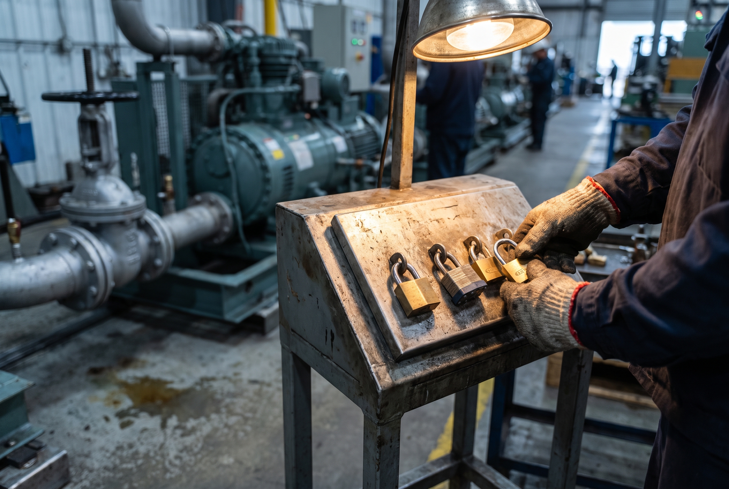 An elevated view down a production line shows a worker clipping his own padlock onto a group lockbox already holding several other hanging padlocks, with a compressor skid blurred in the background.