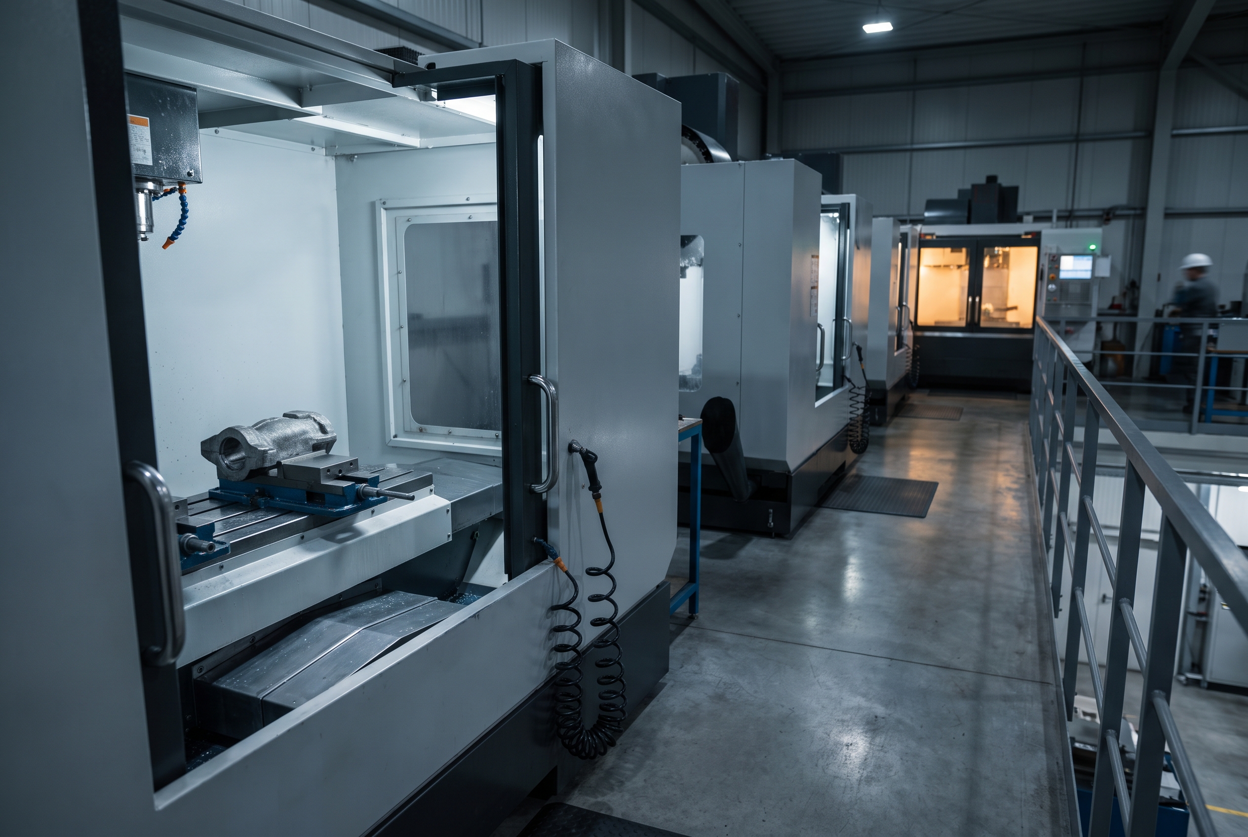 Seen from a mezzanine, a row of CNC machining cells sits dark with doors closed, the nearest holding one unfinished forged part in its vise, while a single cell at the end of the row is lit by a warm work light.