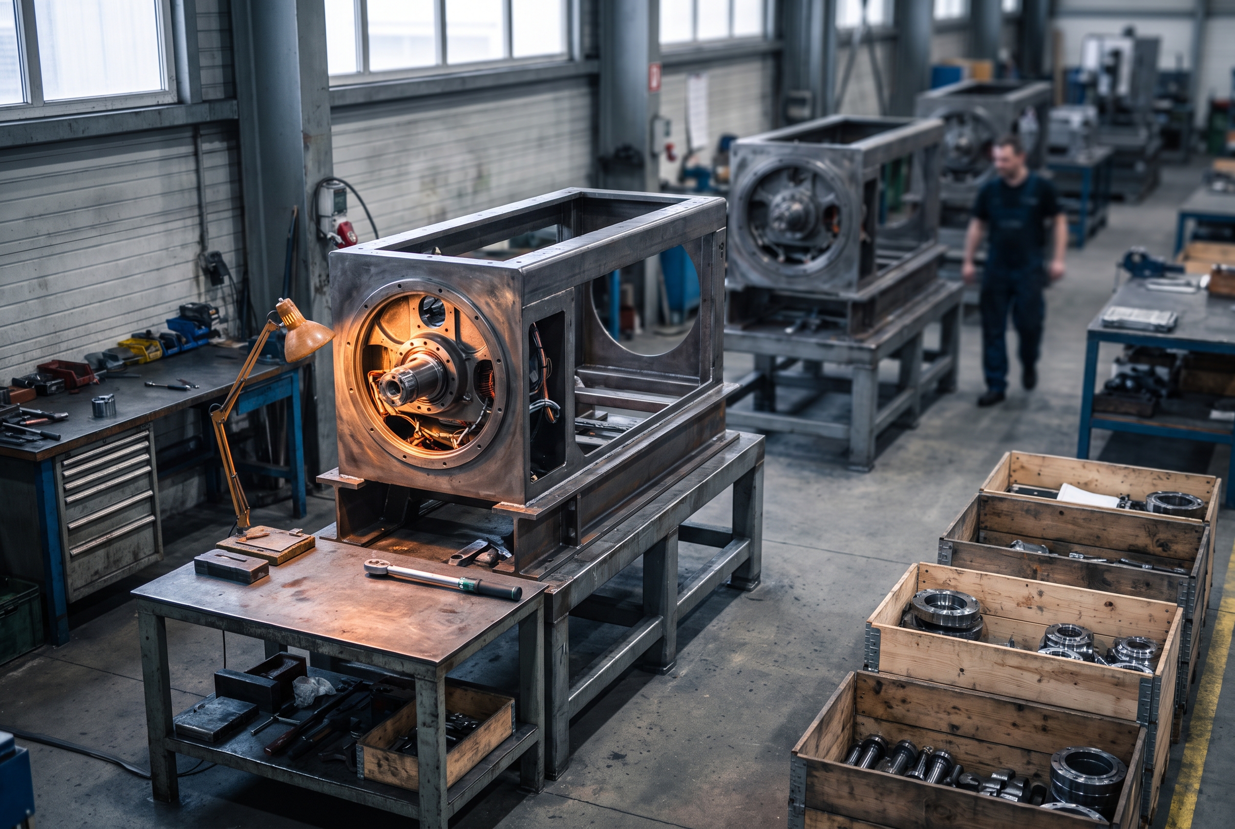 High view down a machine builder's assembly bay, where three machine frames stand at different stages and one central workstation with an exposed spindle housing and a torque wrench sits in focus under a warm lamp beside stacked component crates.