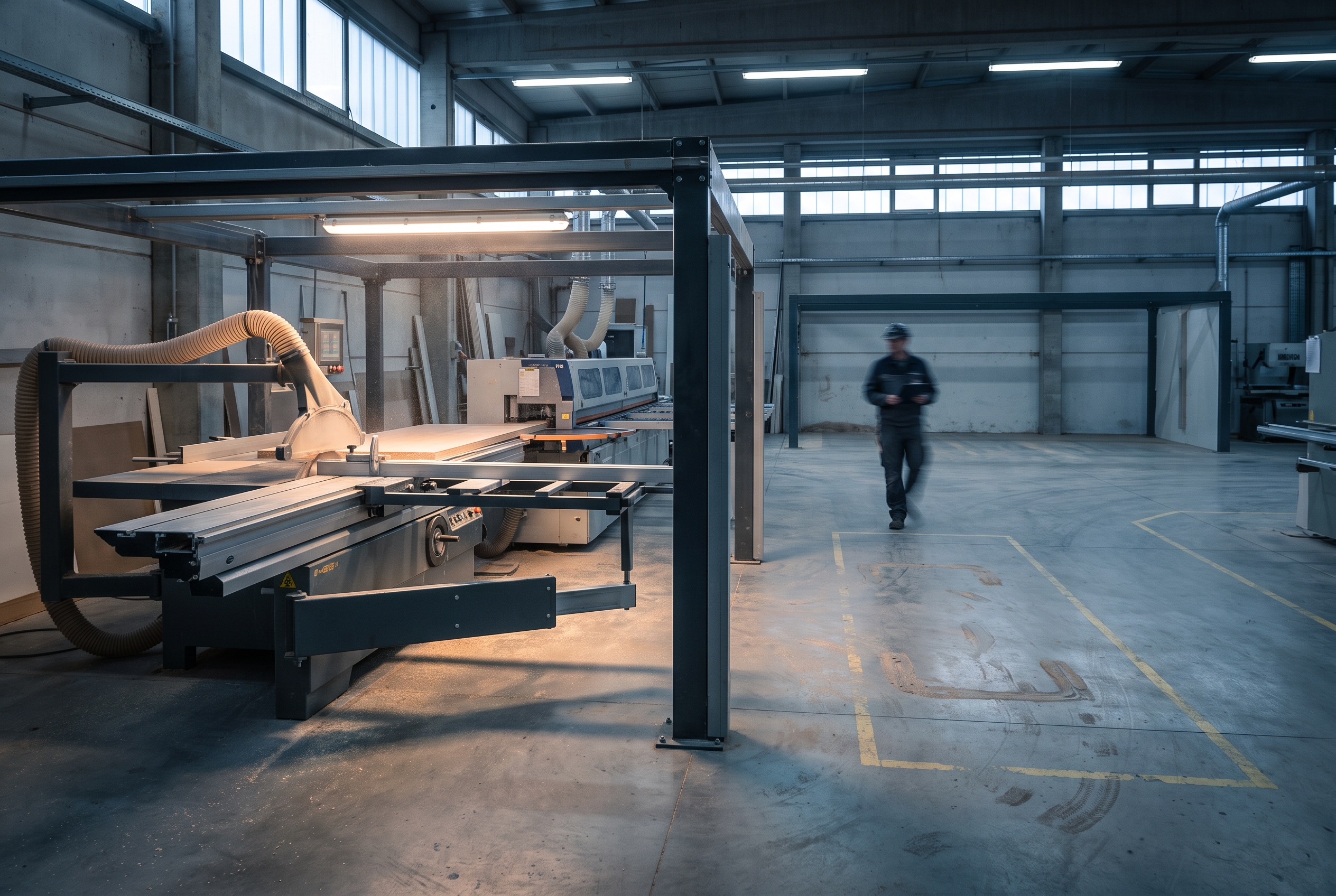 A cabinet plant floor with a panel saw and edge-bander running in sharp focus beside an empty cleared bay, a blurred worker walking through the middle distance.
