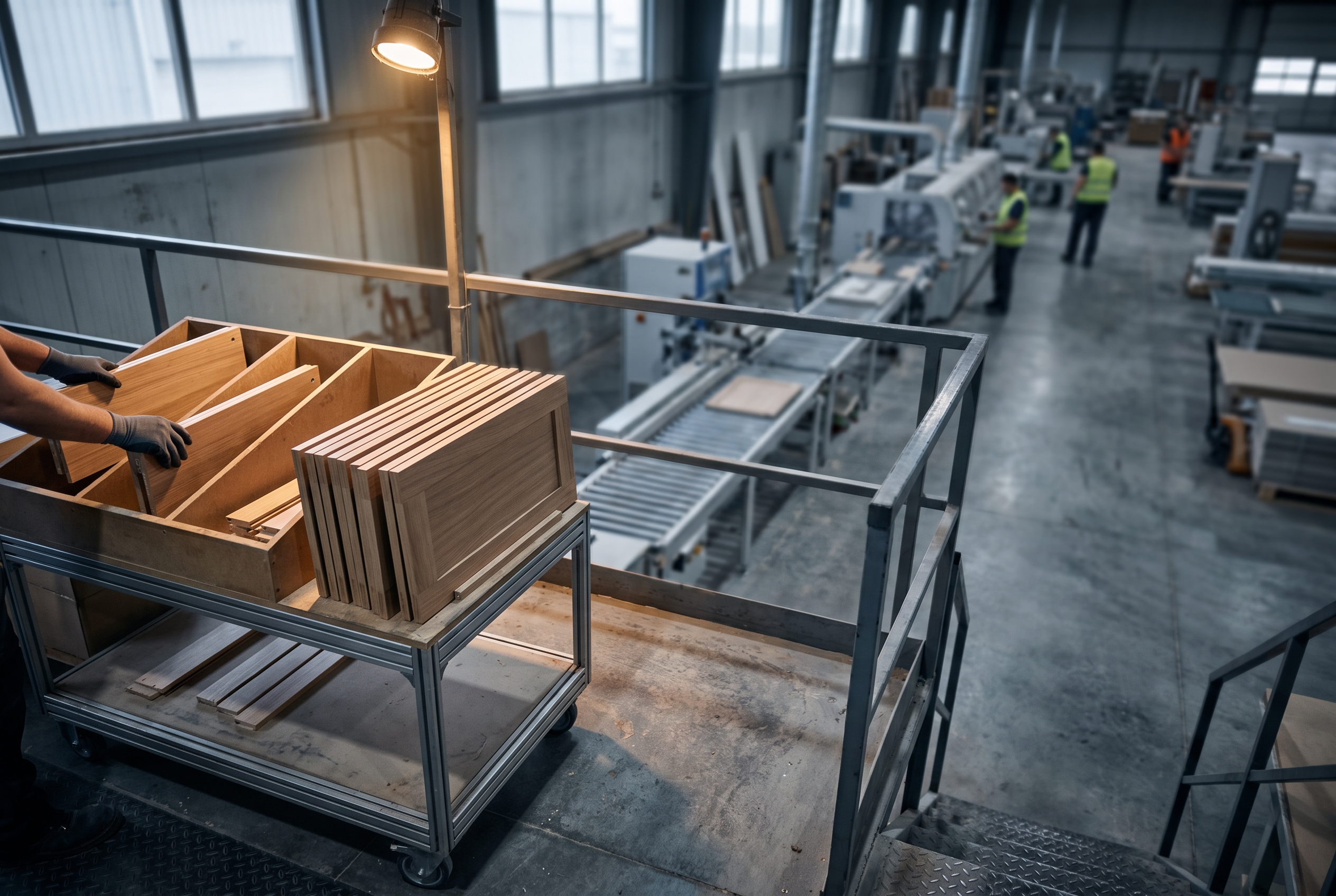 An operator kitting a cart of matching frameless cabinet door panels on a production line, shot from an elevated angle with the rest of the line softly blurred behind.