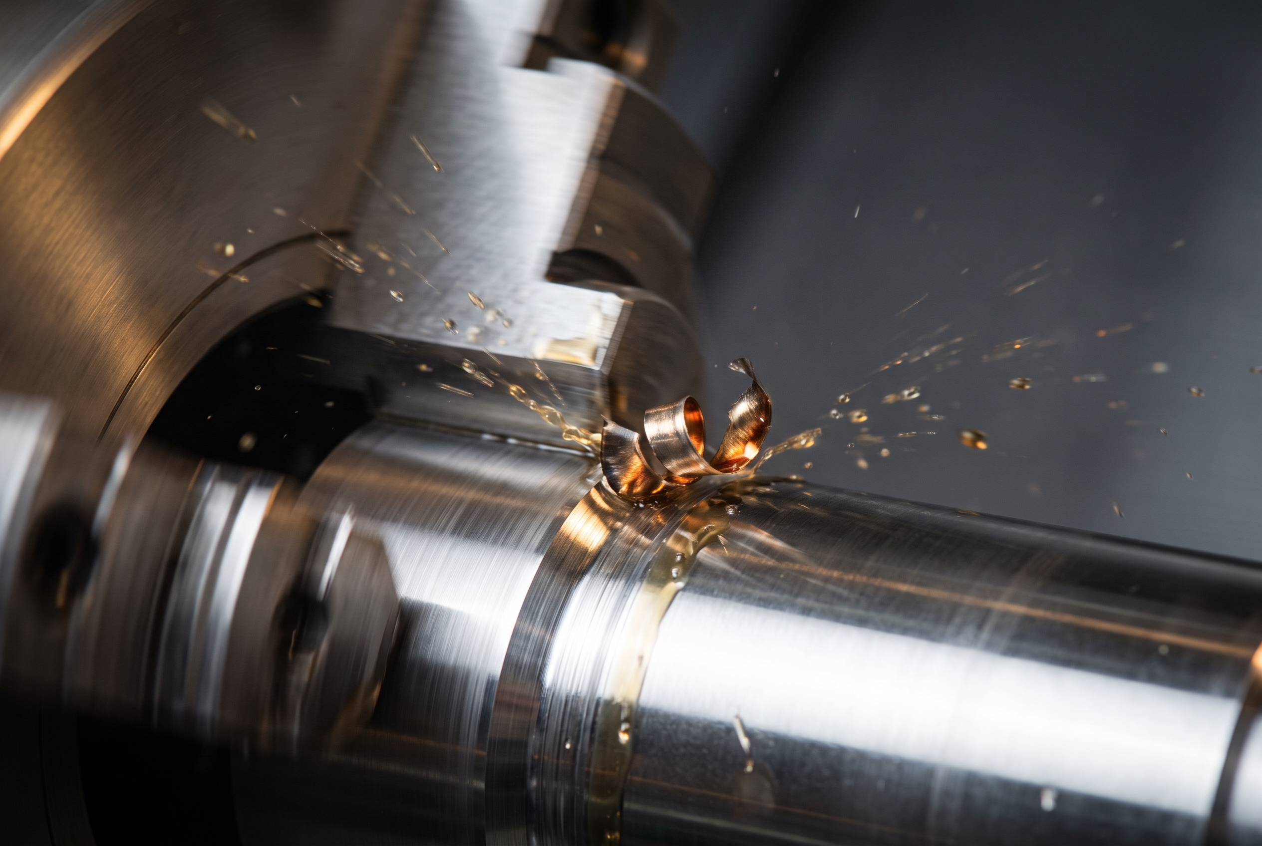 An extreme close-up shows a lathe cutting tool shaving a spinning steel shaft with coolant spray and a curling metal chip.