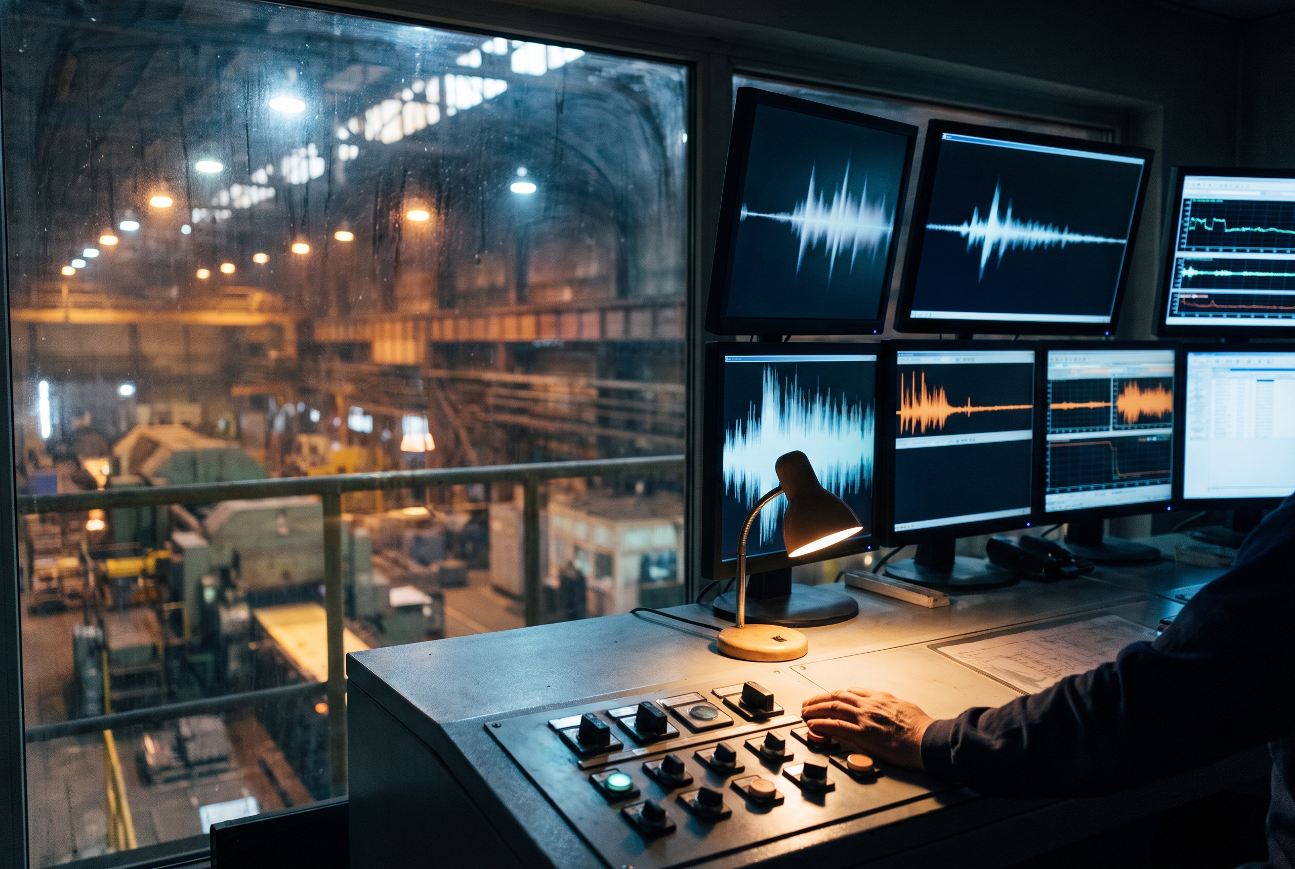 An operator's hand rests on a control desk switch panel as glowing monitor screens overlook a dim plant floor beyond a window.