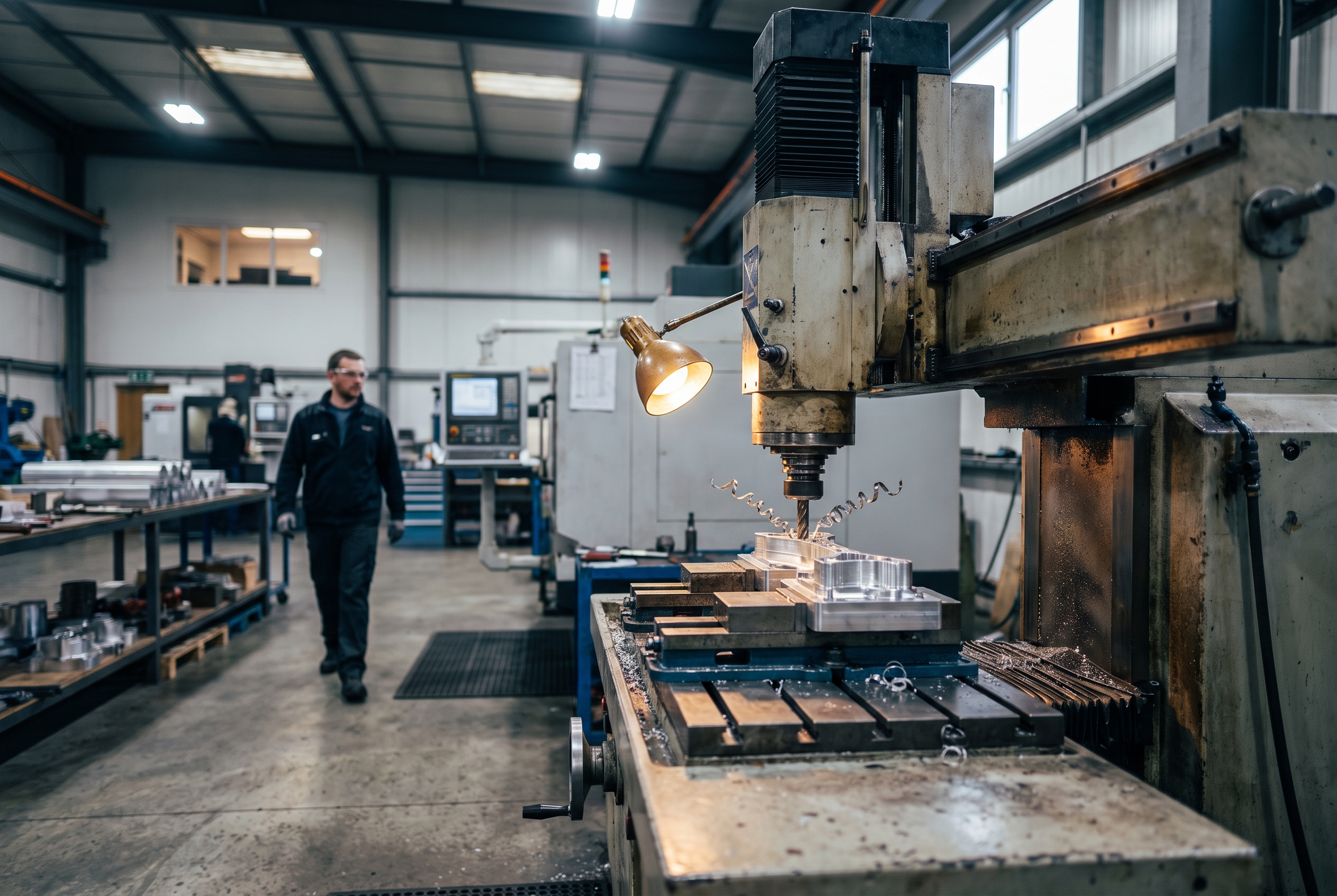 Wide view of a CNC mill cutting an aluminum part in sharp focus on a concrete factory floor, with an engineer blurred in the background near a distant workstation.