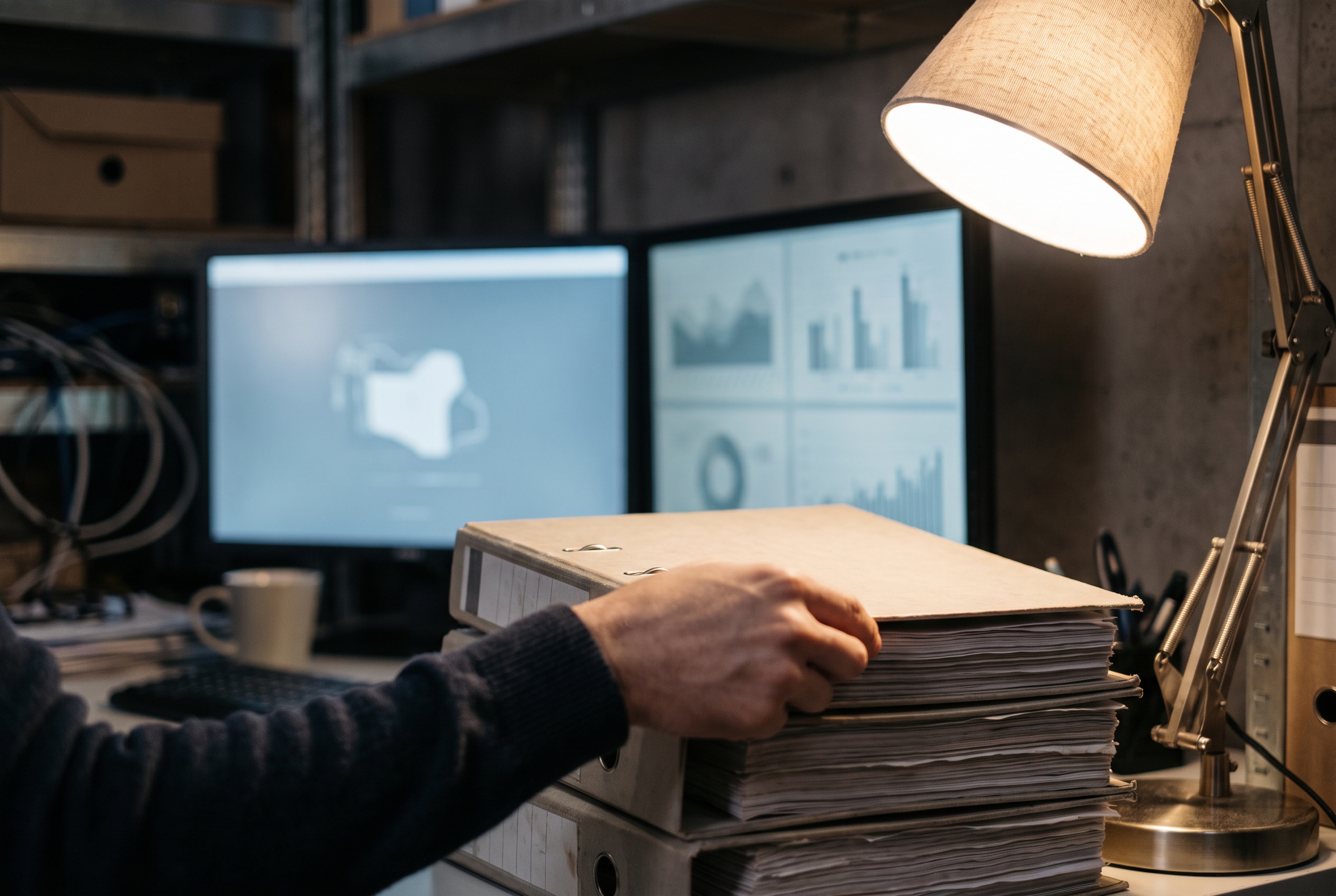 A stack of printed budget binders on a desk in warm lamp light, with two monitors glowing softly out of focus in a dim office at night.