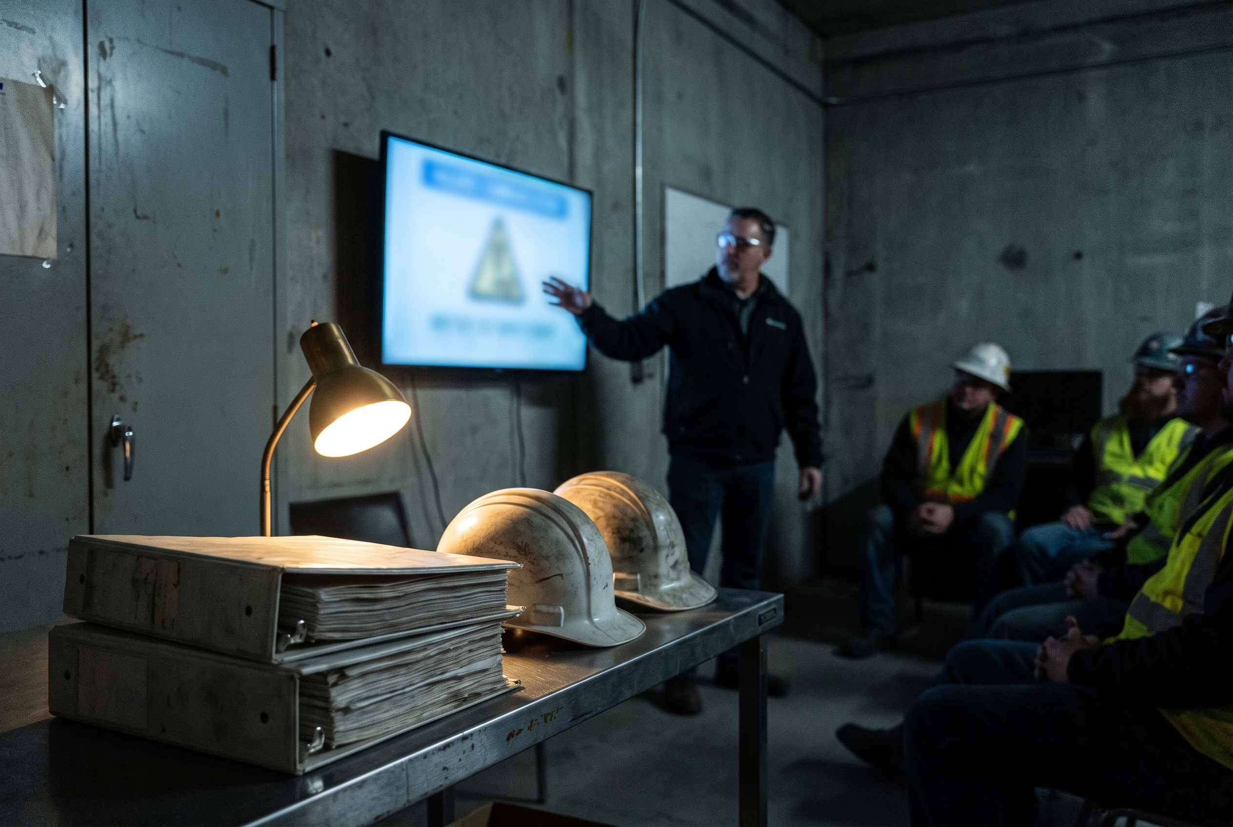 A trainer gestures toward a glowing, unreadable wall monitor while workers in hi-vis sit near a table stacked with binders and hard hats.