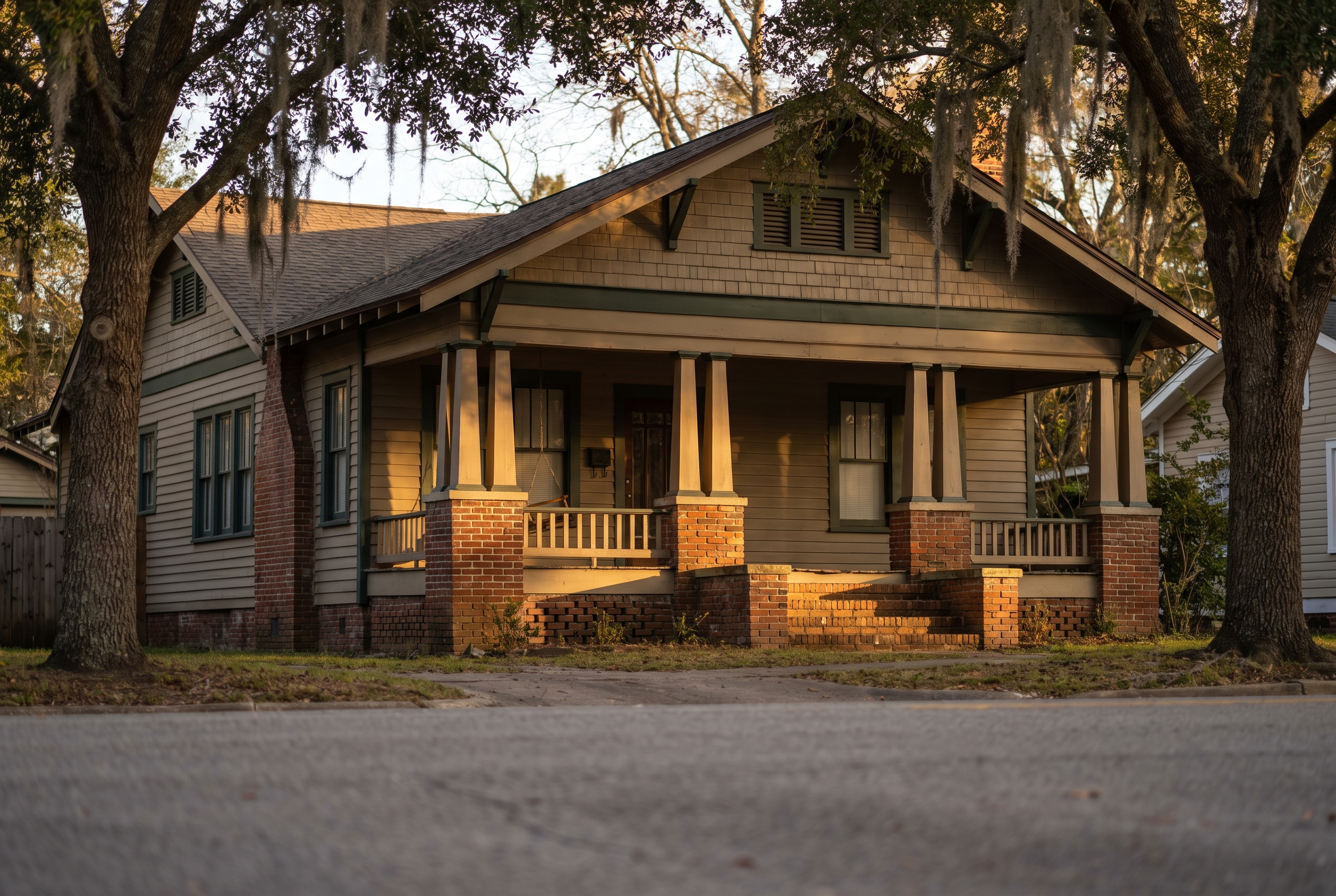 A modest Craftsman-style home with a deep front porch and brick steps, framed by live oak branches at golden hour.