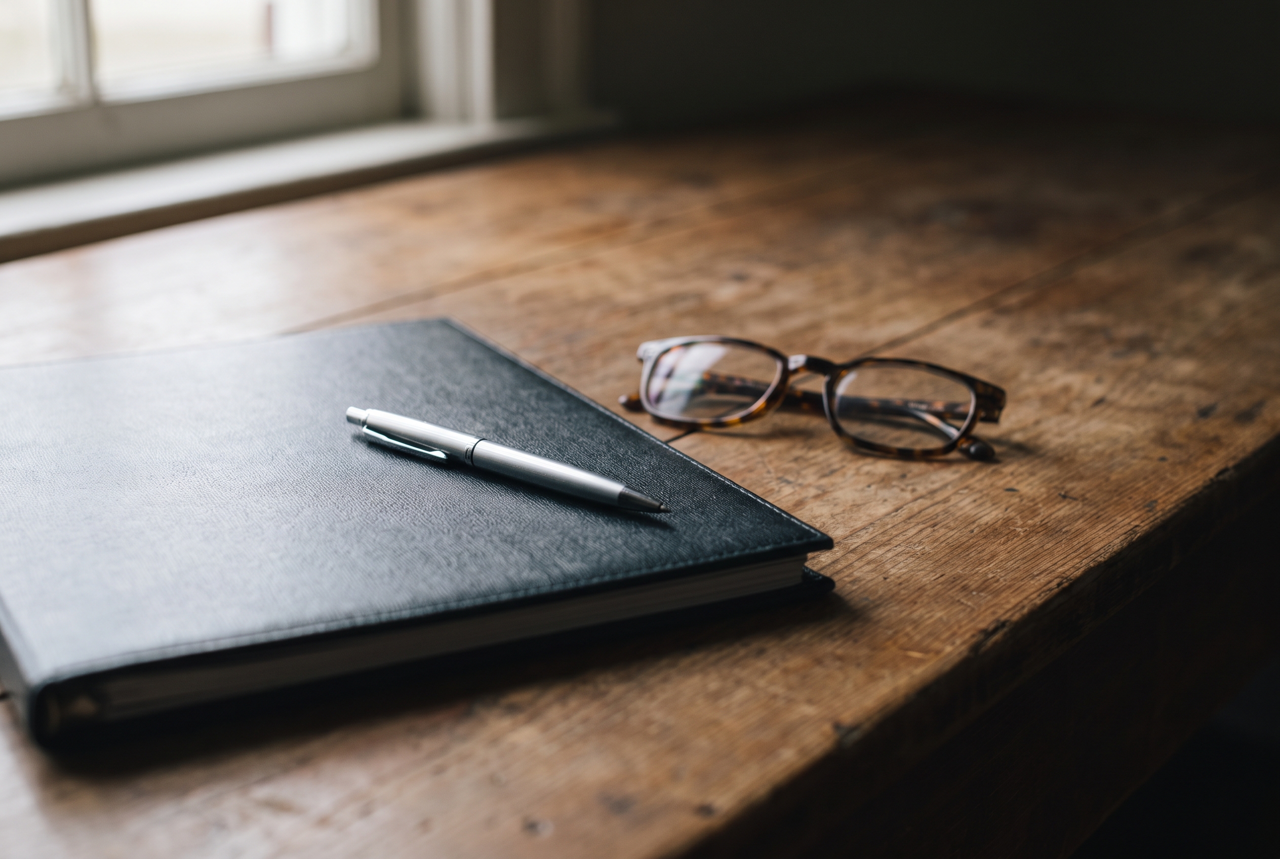 A closed mortgage document with a pen laid across its cover on a wood table, lit by soft window light.