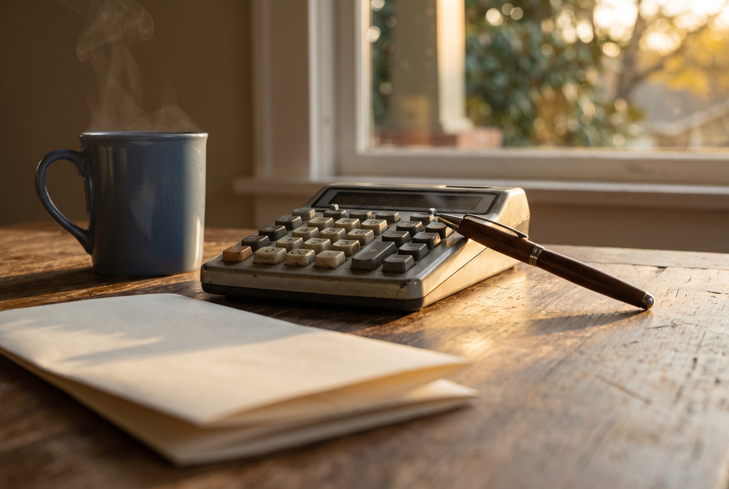 A mechanical calculator and pen rest on blank papers atop a wood table, lit by warm late-day window light beside a steaming coffee mug.