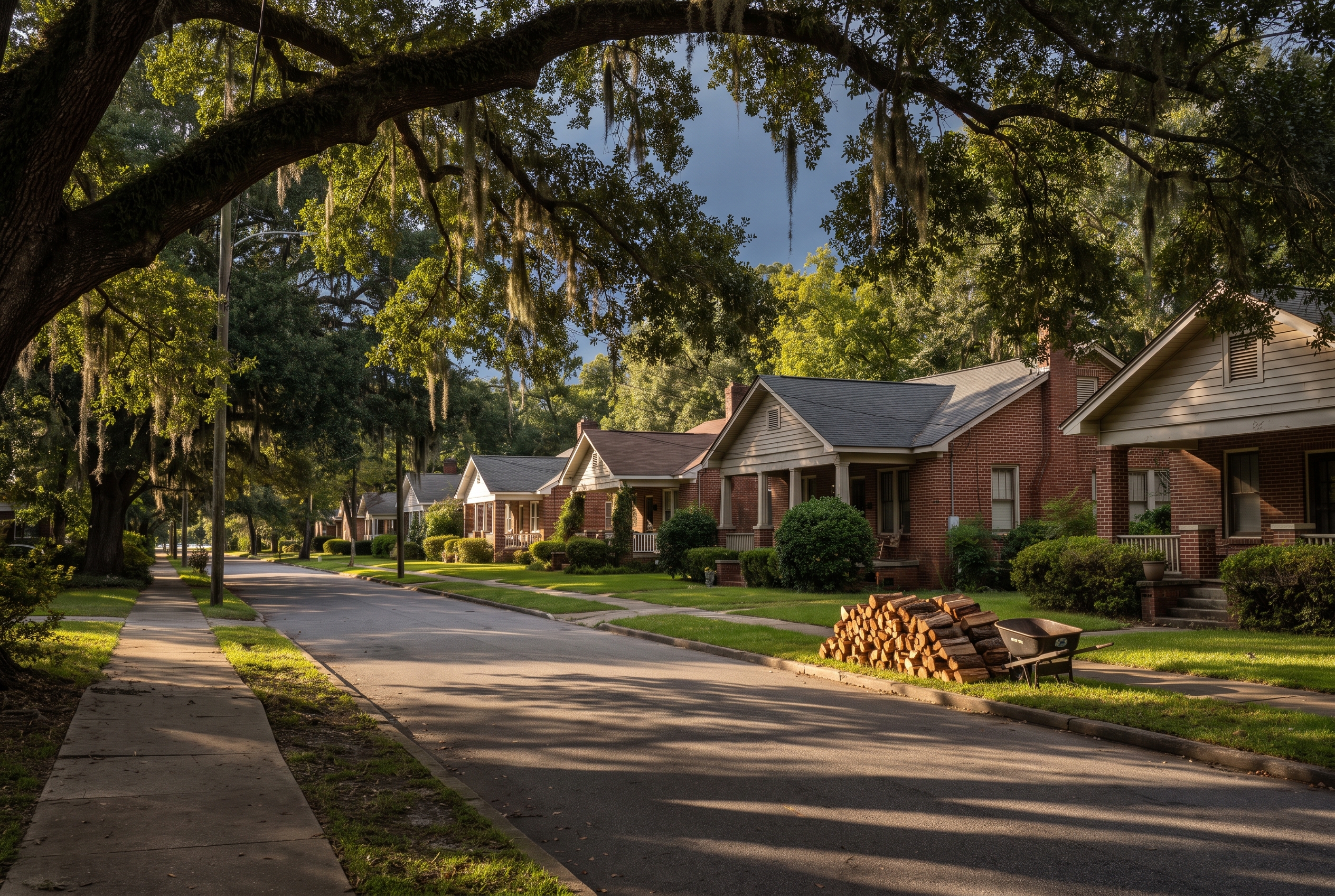 A tree-lined Georgia street framed by overhanging live oak branches, brick and clapboard homes receding down the block in warm late-afternoon light.