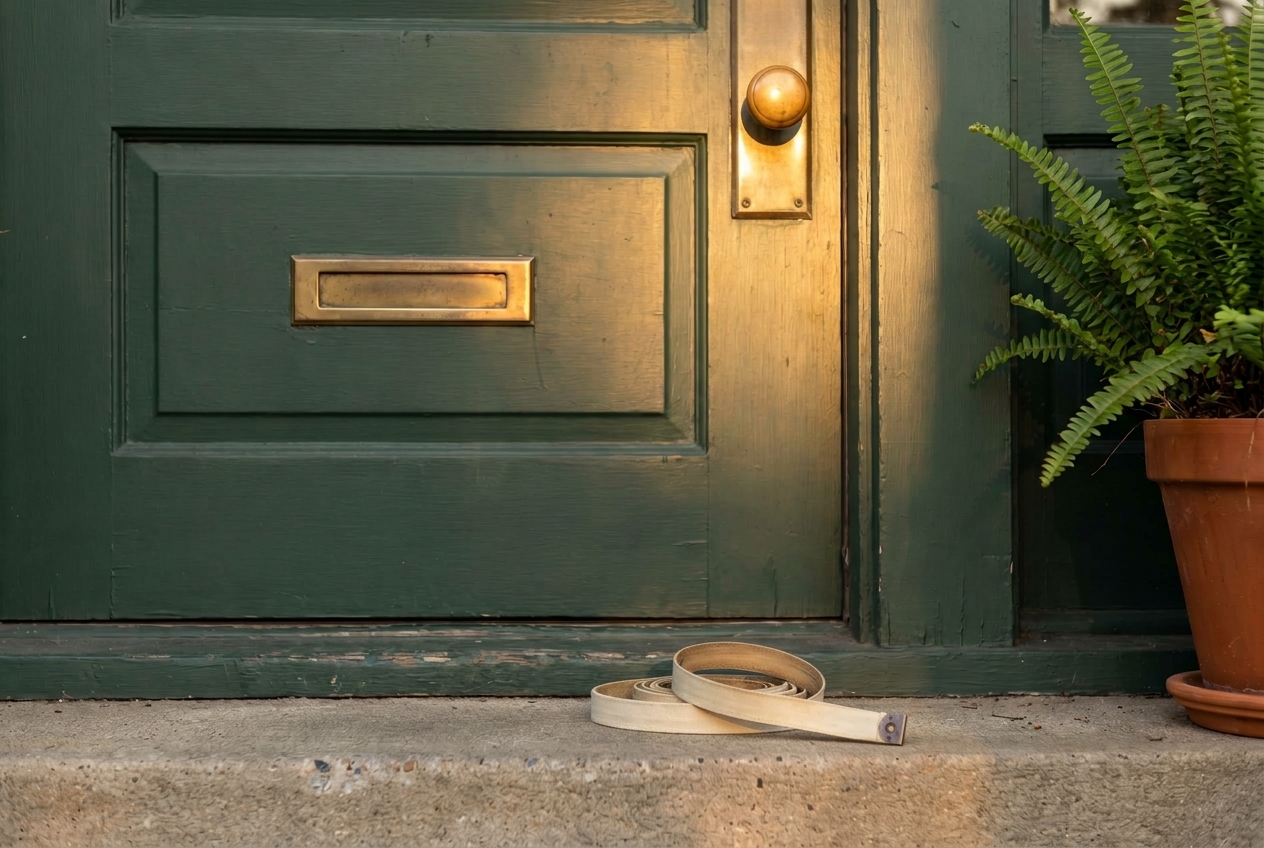 Close view of a green Craftsman front door with a brass knob and a coiled tape measure resting on the porch step below.