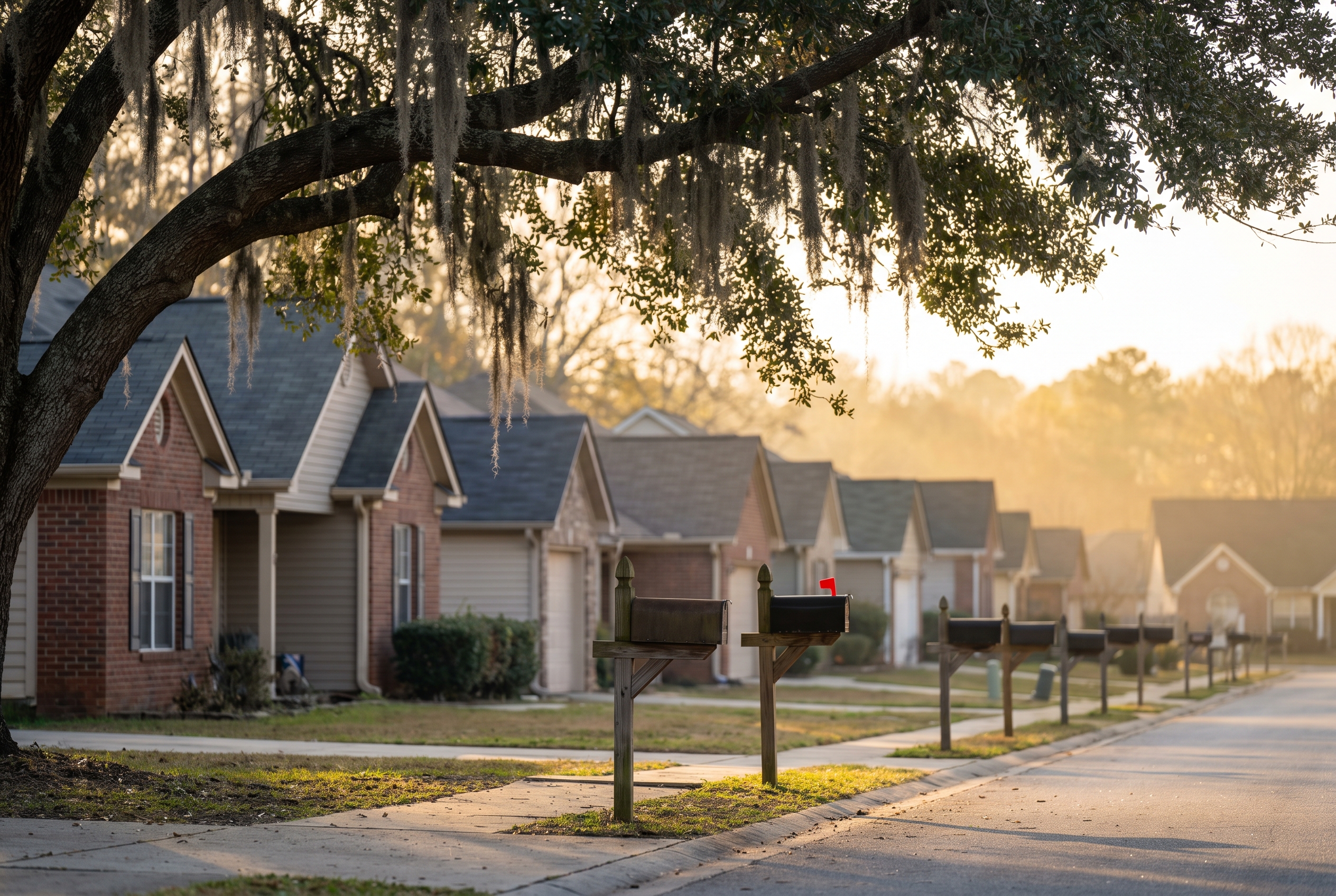 Suburban Georgia street lined with similar homes and matching mailbox posts, seen through hanging live oak branches in late afternoon light.