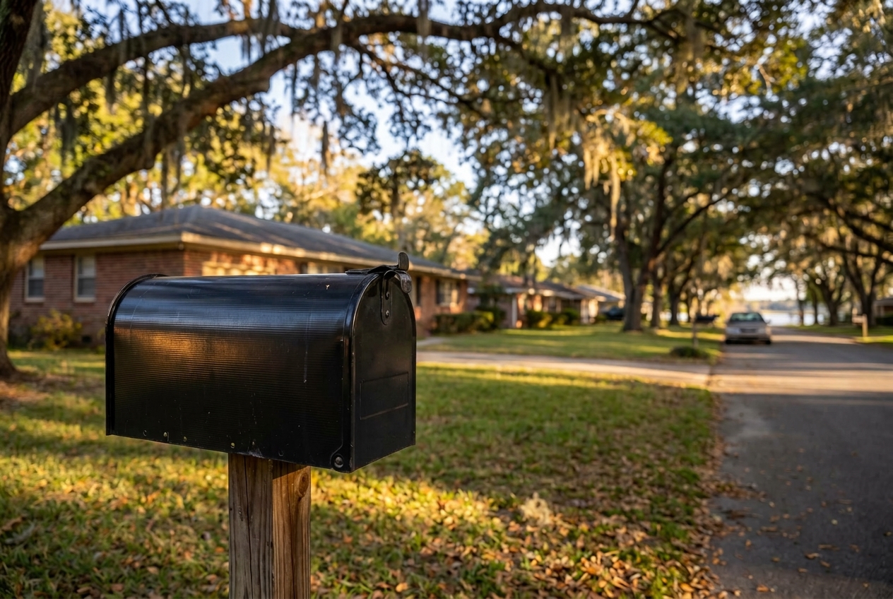 A black curbside mailbox with its flag down in front of a brick ranch house, with a street lined by moss-draped live oaks fading into soft focus behind it.