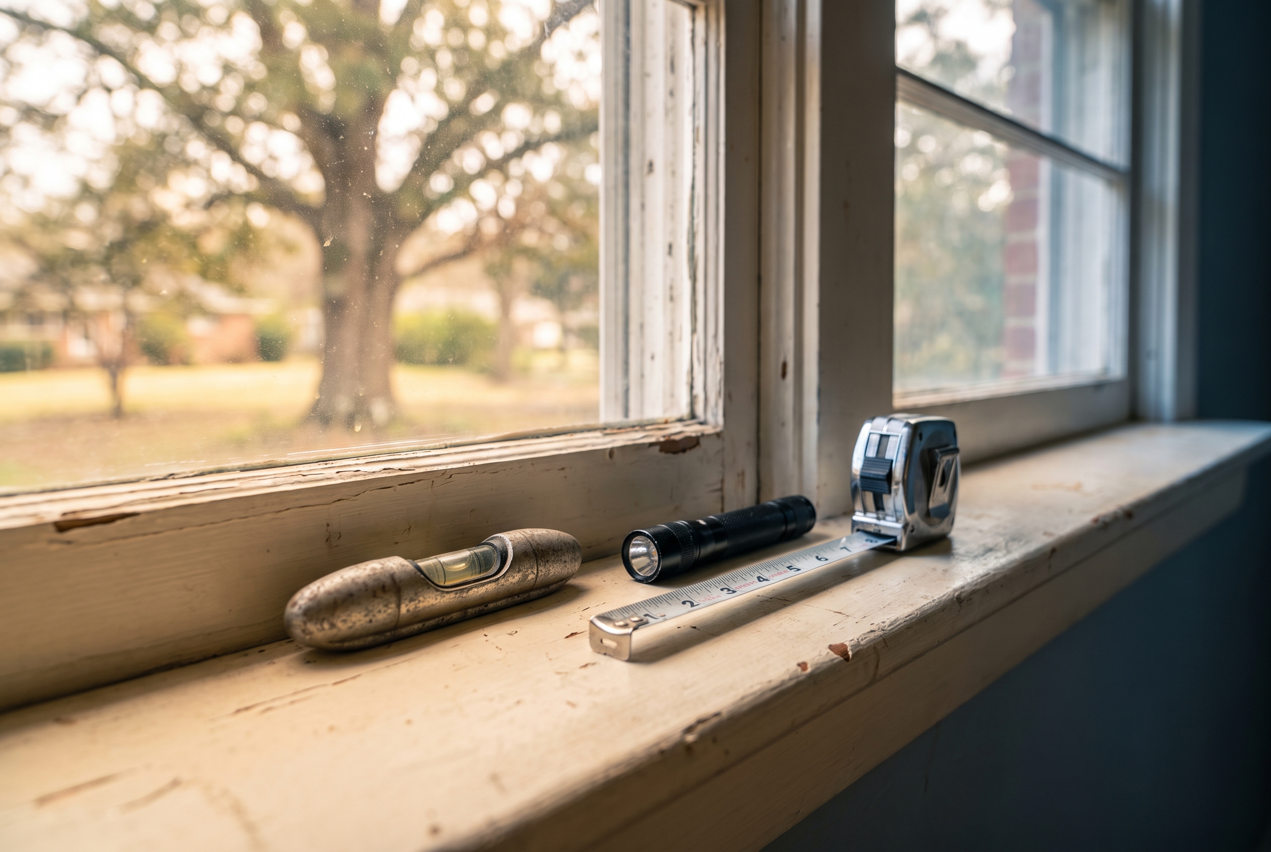 A small bubble level, a pocket flashlight and a pulled-out steel tape measure lying along a worn painted windowsill, with a sunlit yard blurred through the glass behind.