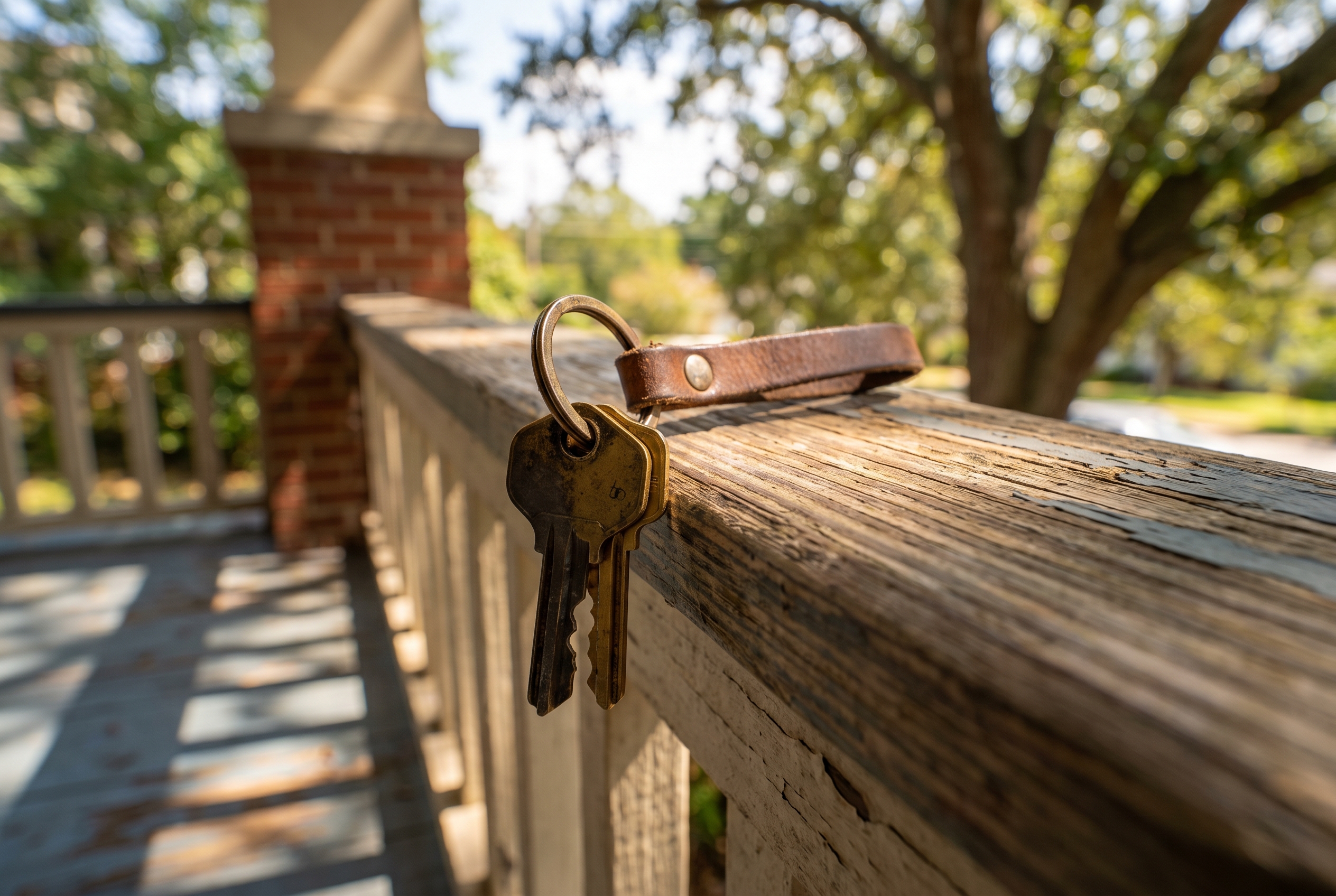 Two brass house keys sharing one leather keyring on a shaded Craftsman porch railing, dappled oak light overhead.
