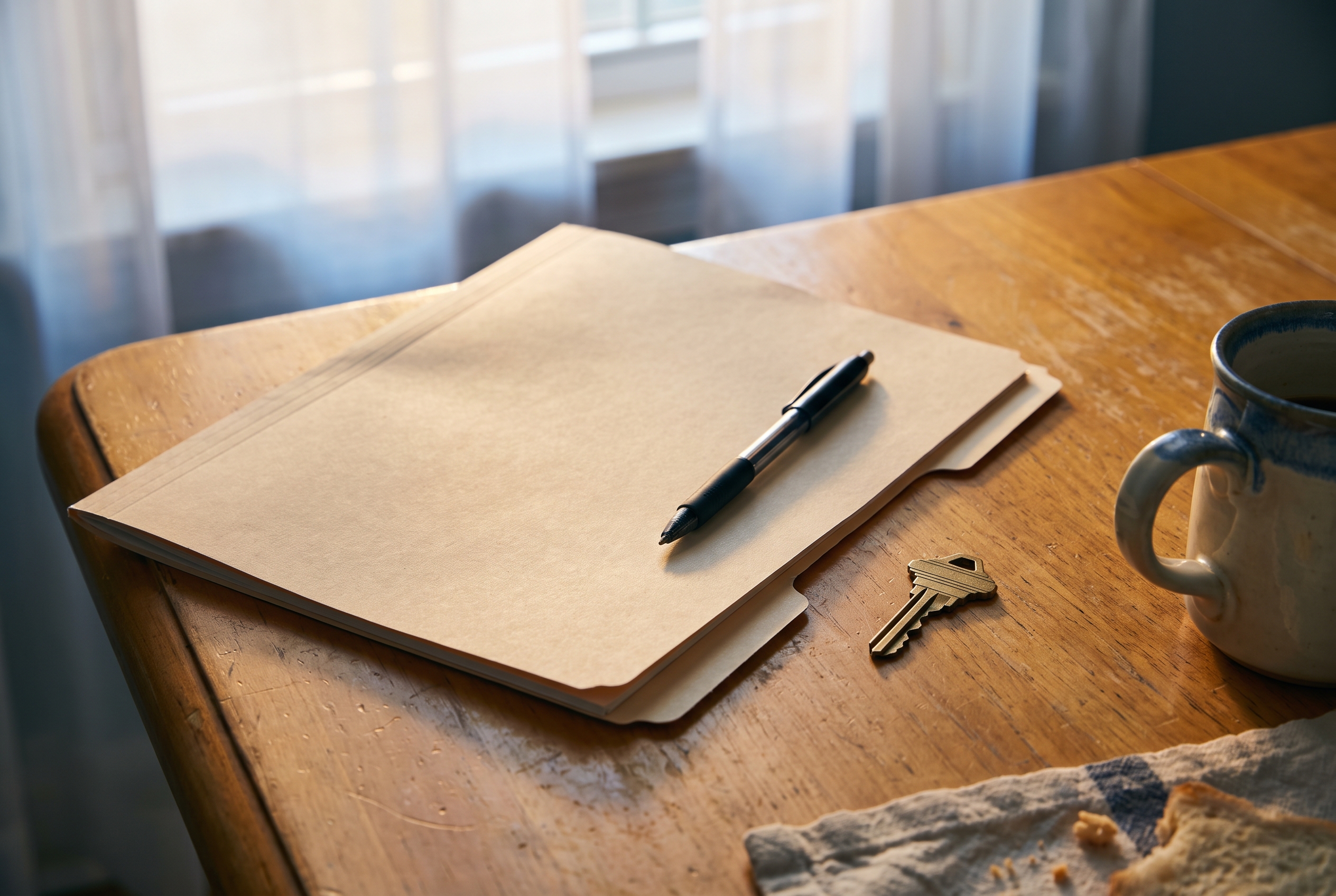 A closed folder, a pen, and a house key arranged on a sunlit wood kitchen table with a coffee mug at the edge.