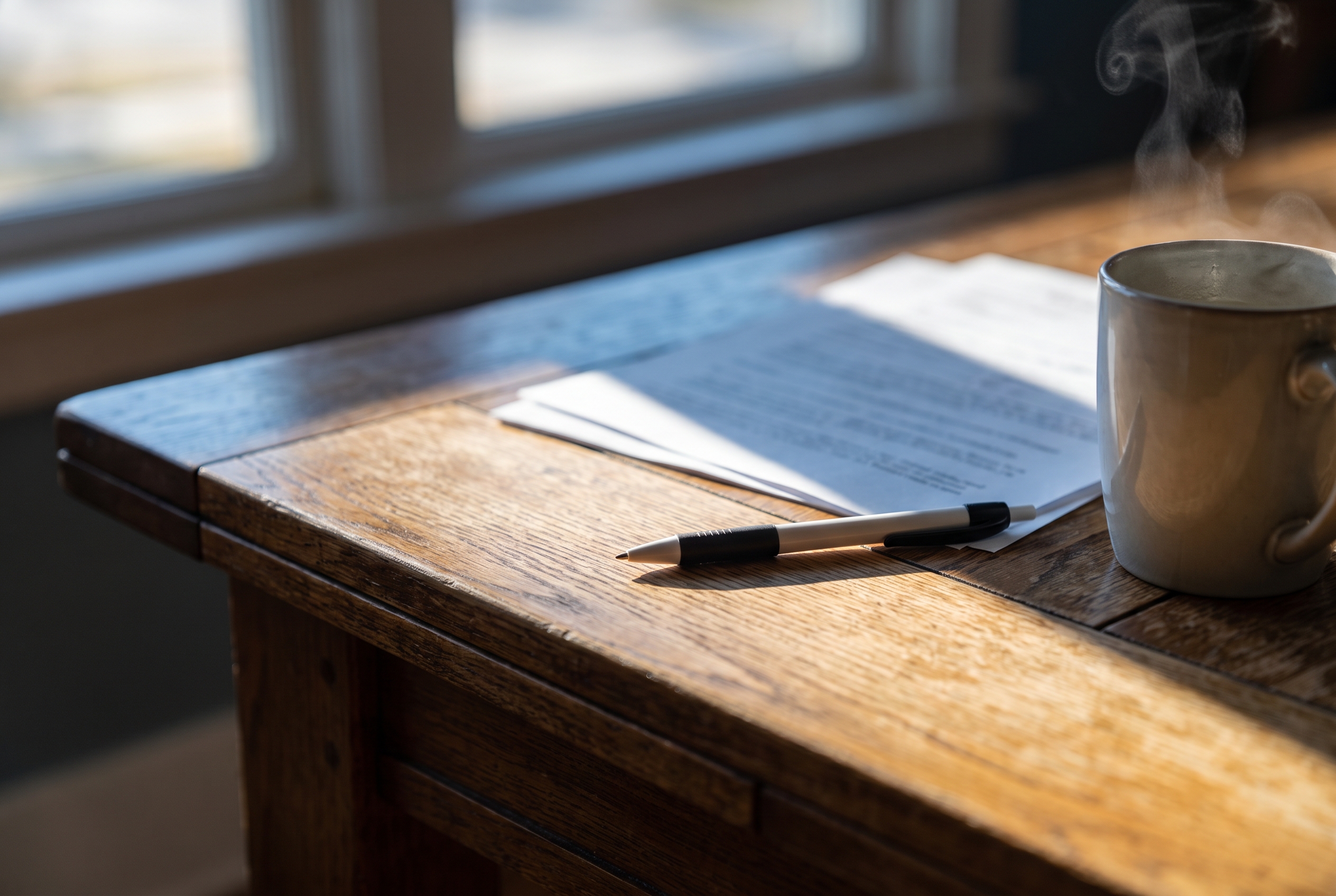 A pen resting on a blurred stack of papers beside a steaming coffee mug on a wood table.