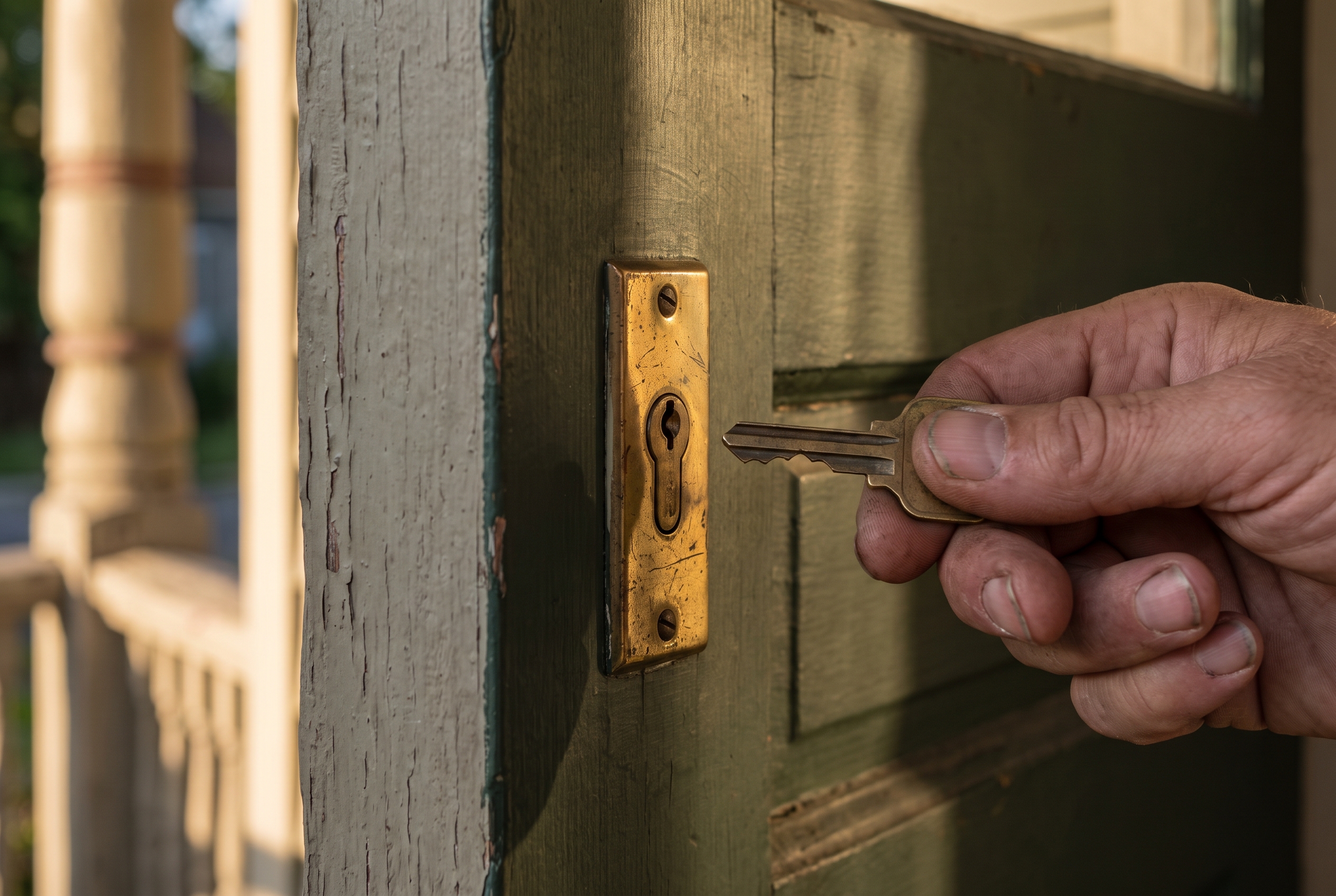 A hand holding a brass key near the lock of a Craftsman-style porch door in late afternoon light.