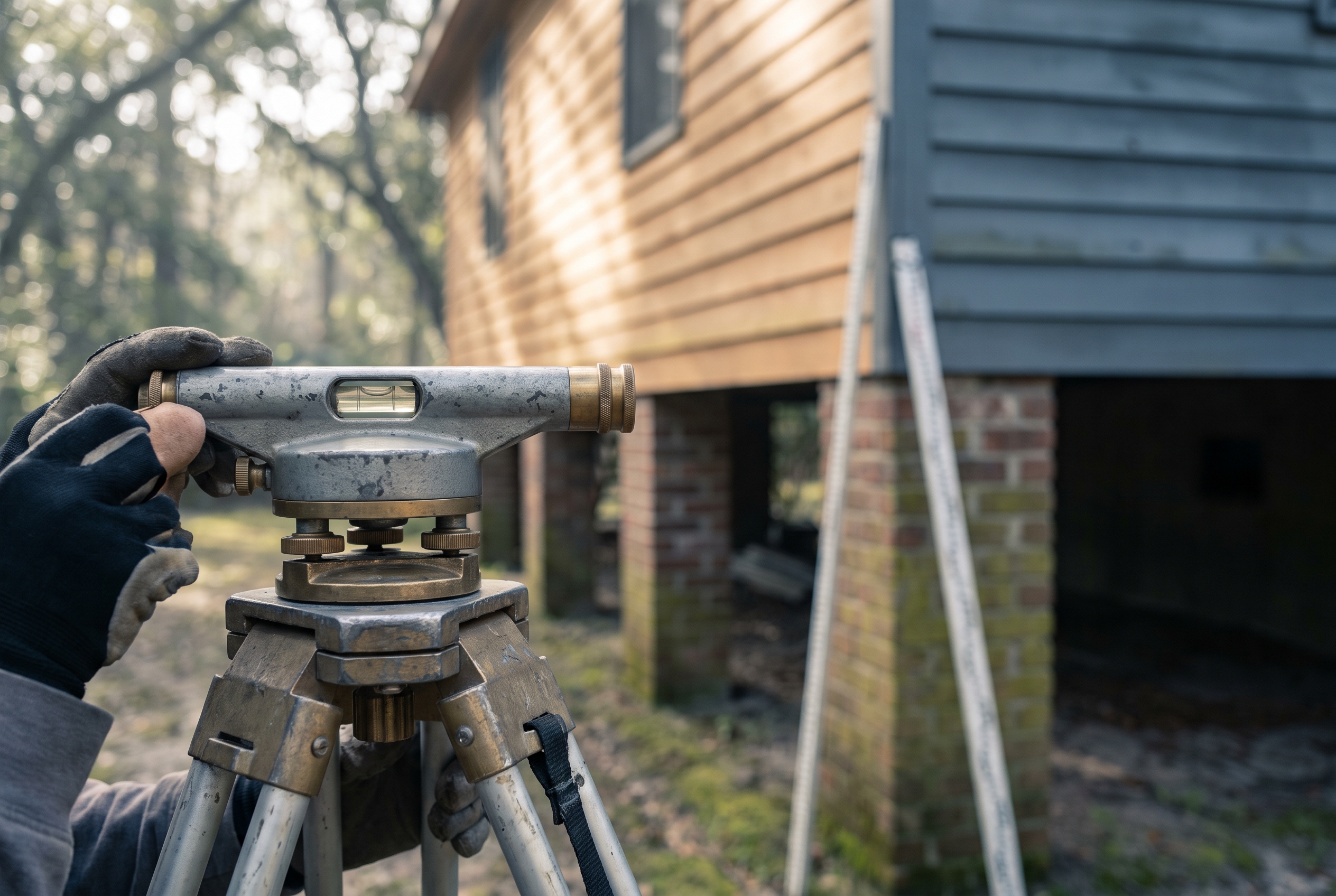 A surveyor's tripod level and elevation rod set up beside the raised foundation of a Georgia home.