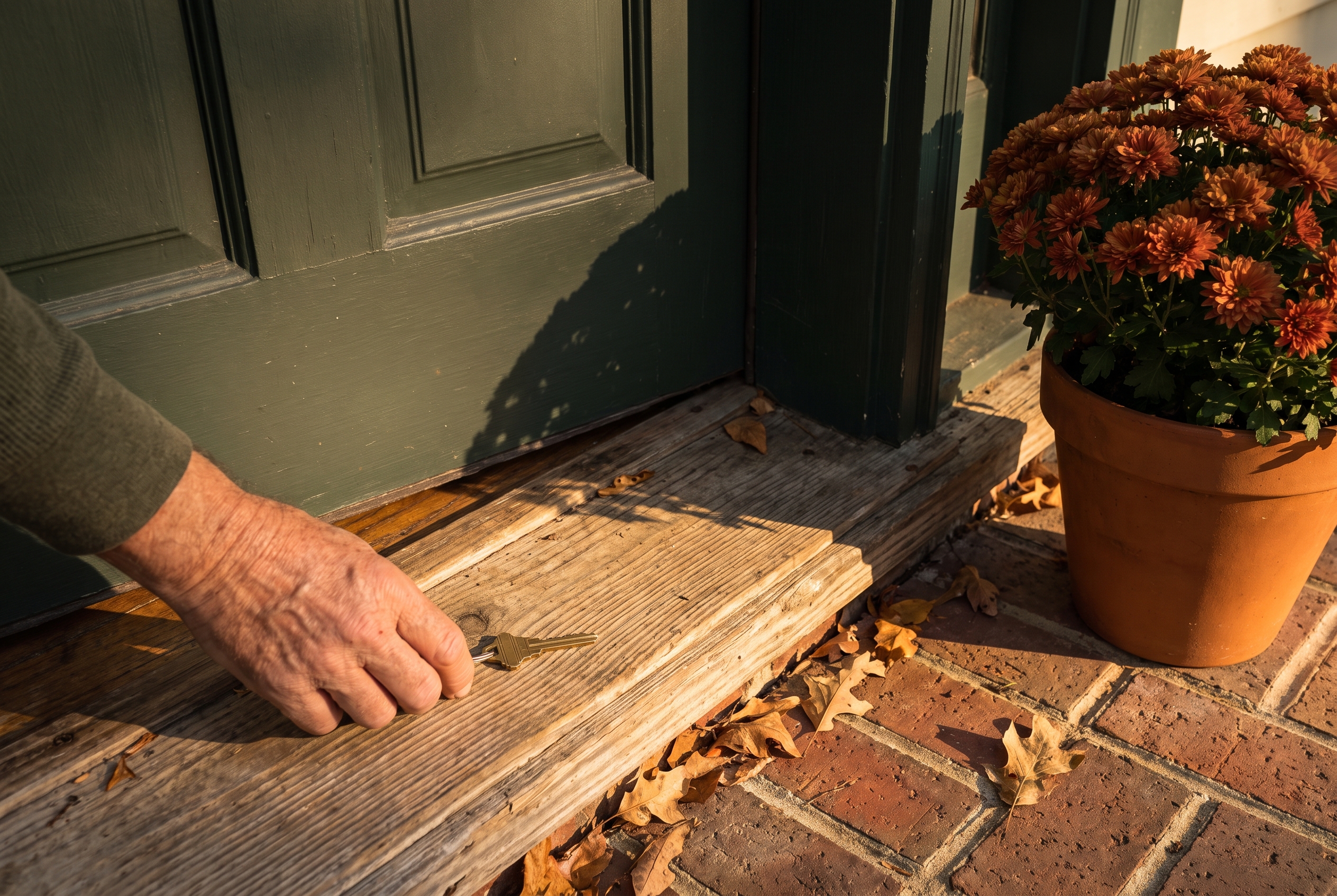 A brass key resting on the wood threshold of a Georgia home's front door in autumn light.