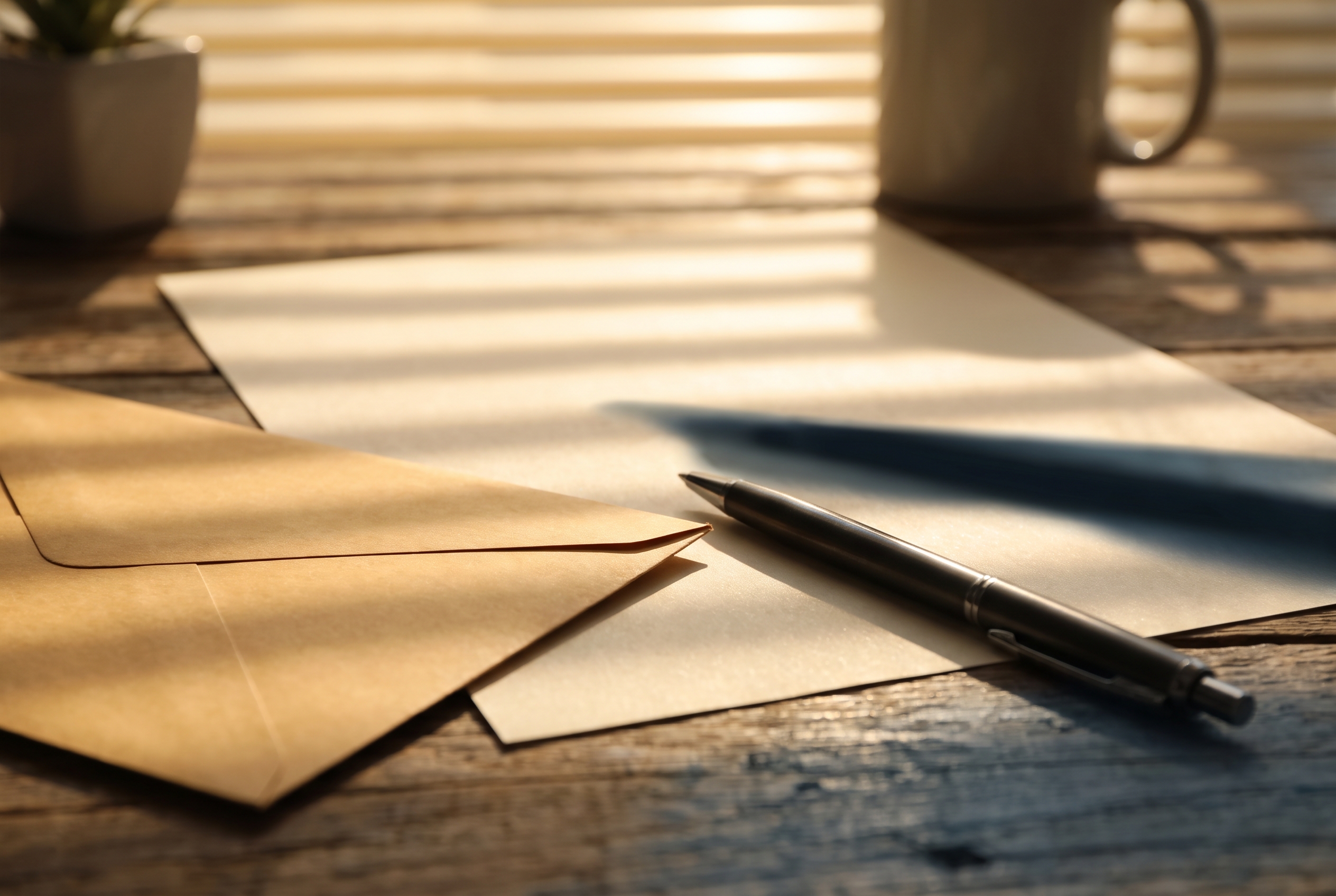 A pen rests across a blank document and a sealed envelope on a wood table, lit by soft striped afternoon light through blinds.