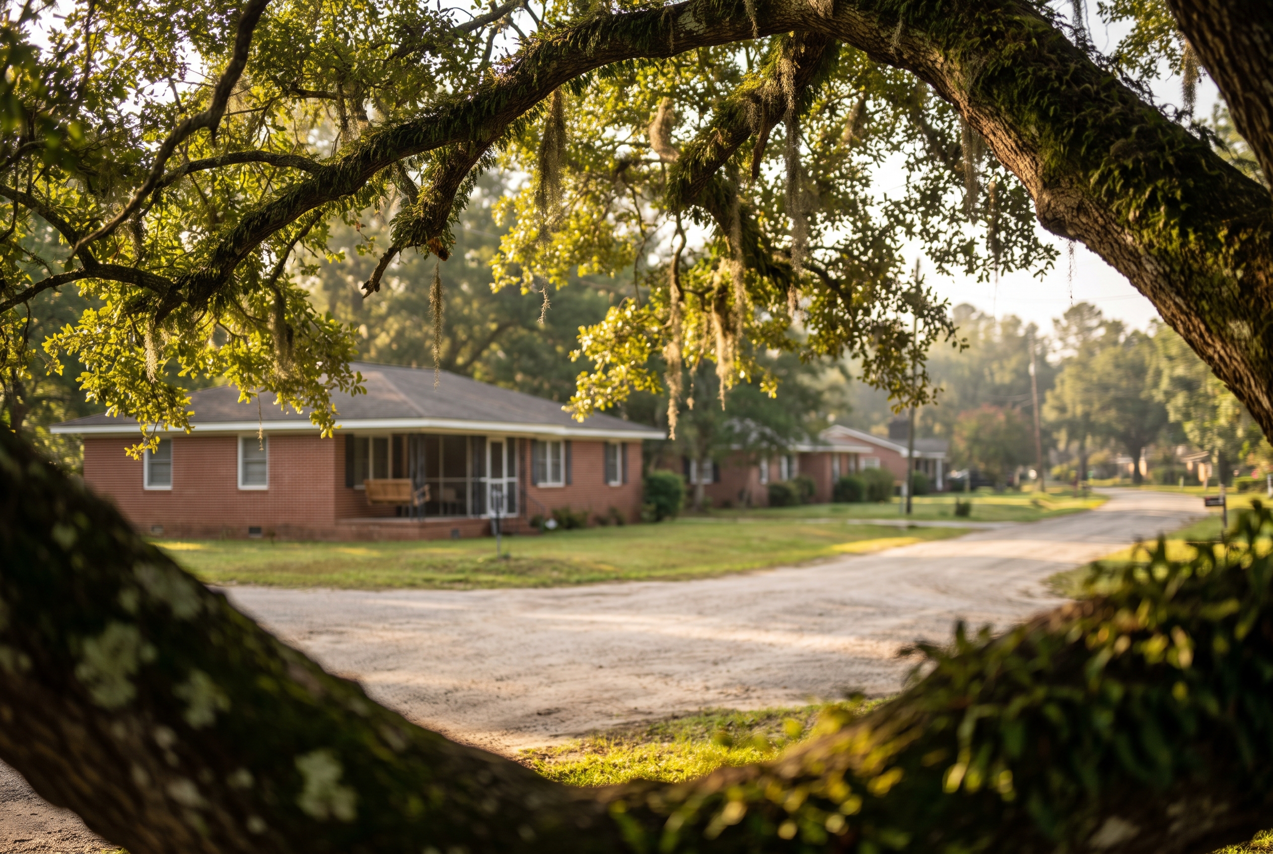 A quiet tree-lined Georgia street framed by live oak branches draped in Spanish moss, with brick ranch homes and front porches along the road.