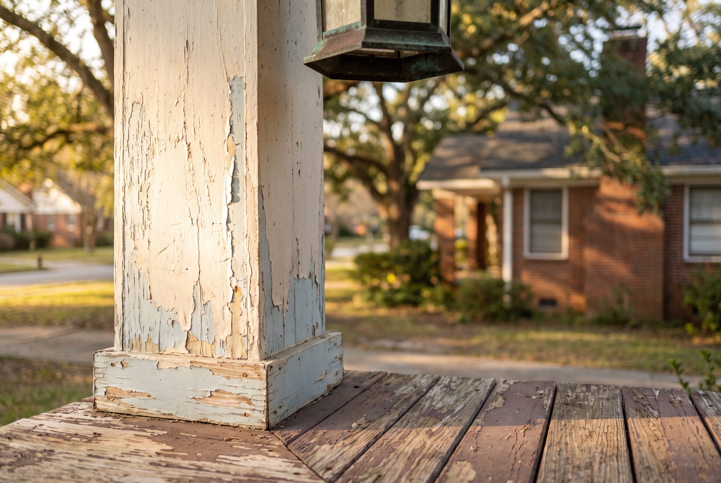 Weathered layers of exterior paint on a wooden porch column, lit by low morning sunlight on an older Southern bungalow.