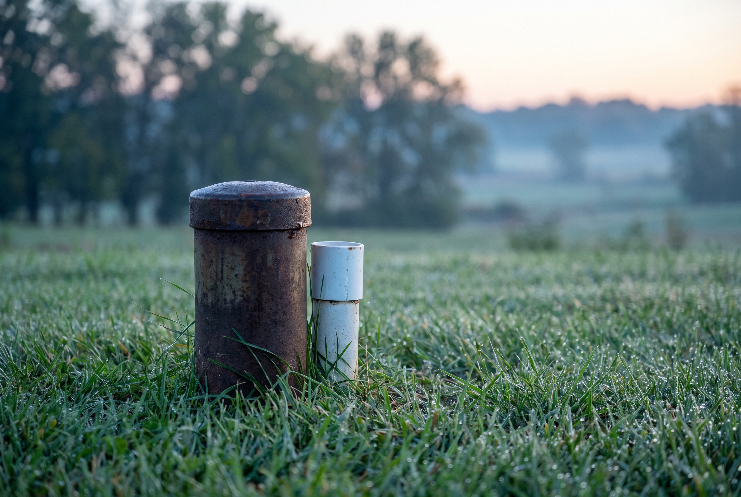 A metal well cap and pipe rising from dew-covered grass with a soft tree line in the distance on a rural Georgia property.