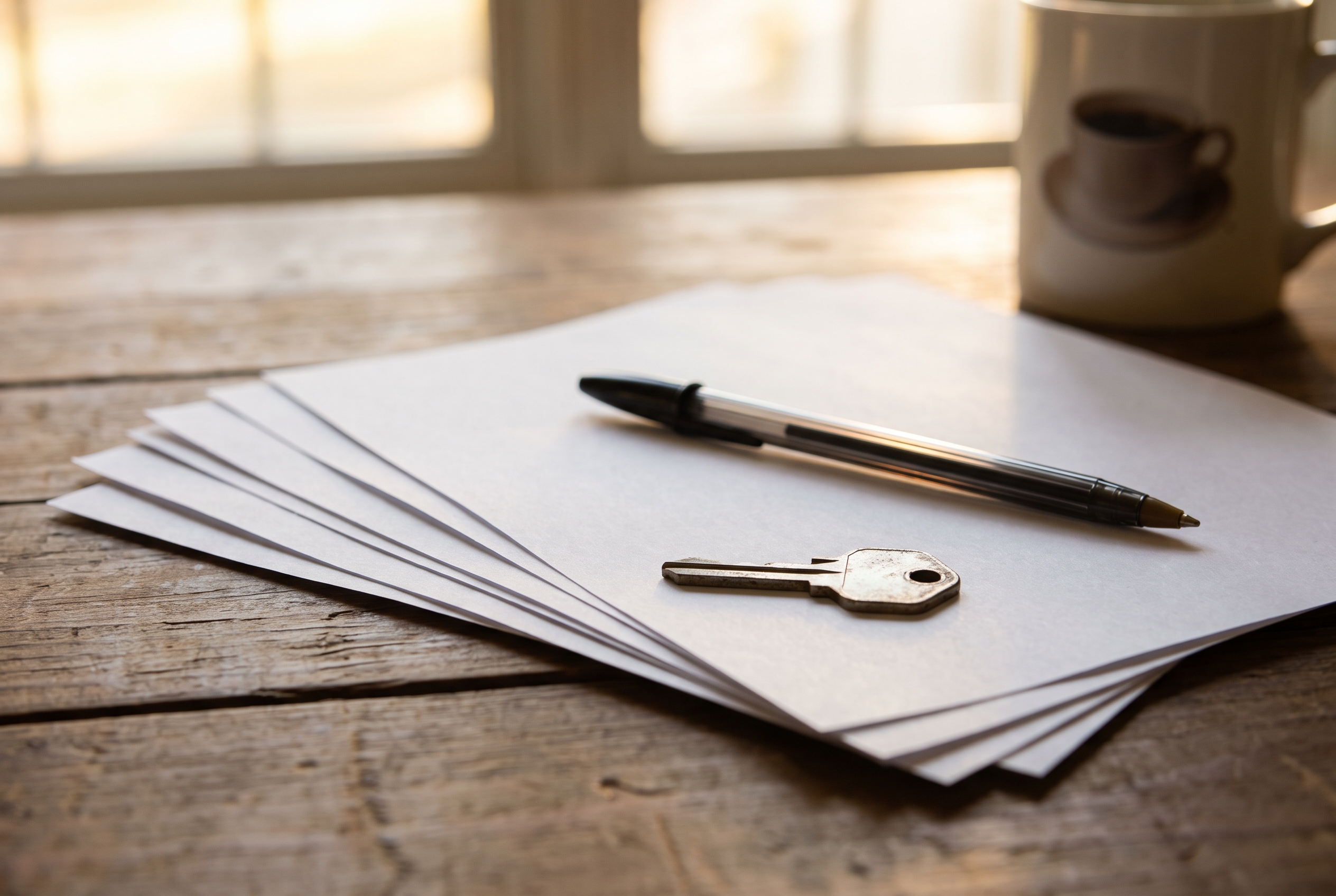 A ballpoint pen rests across a fanned stack of blank settlement papers with a single house key on top, lit by warm window light on a wood table.