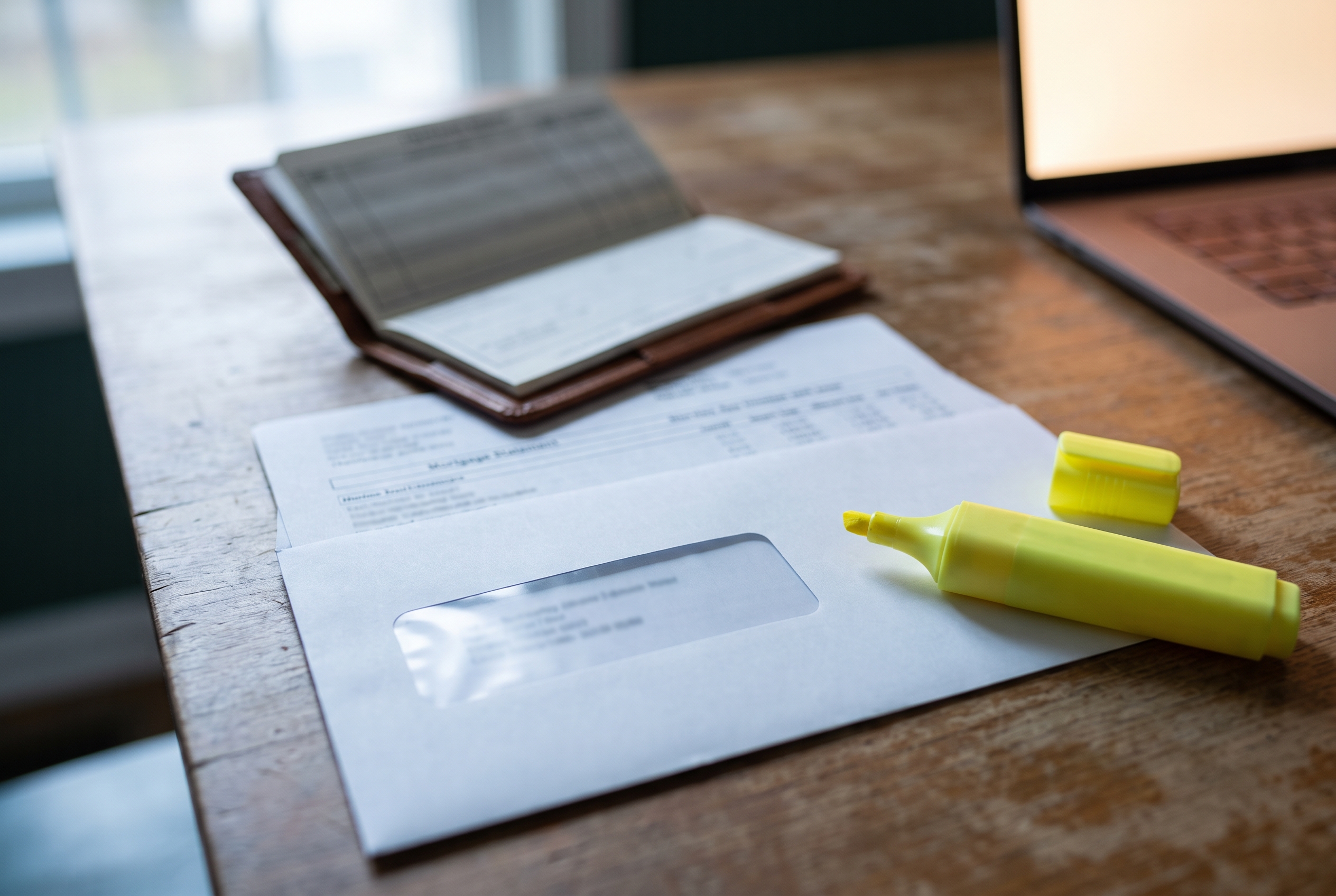 An opened window-envelope statement lies beside an uncapped yellow highlighter and an open checkbook register on a table, lit by morning light and a laptop's glow.