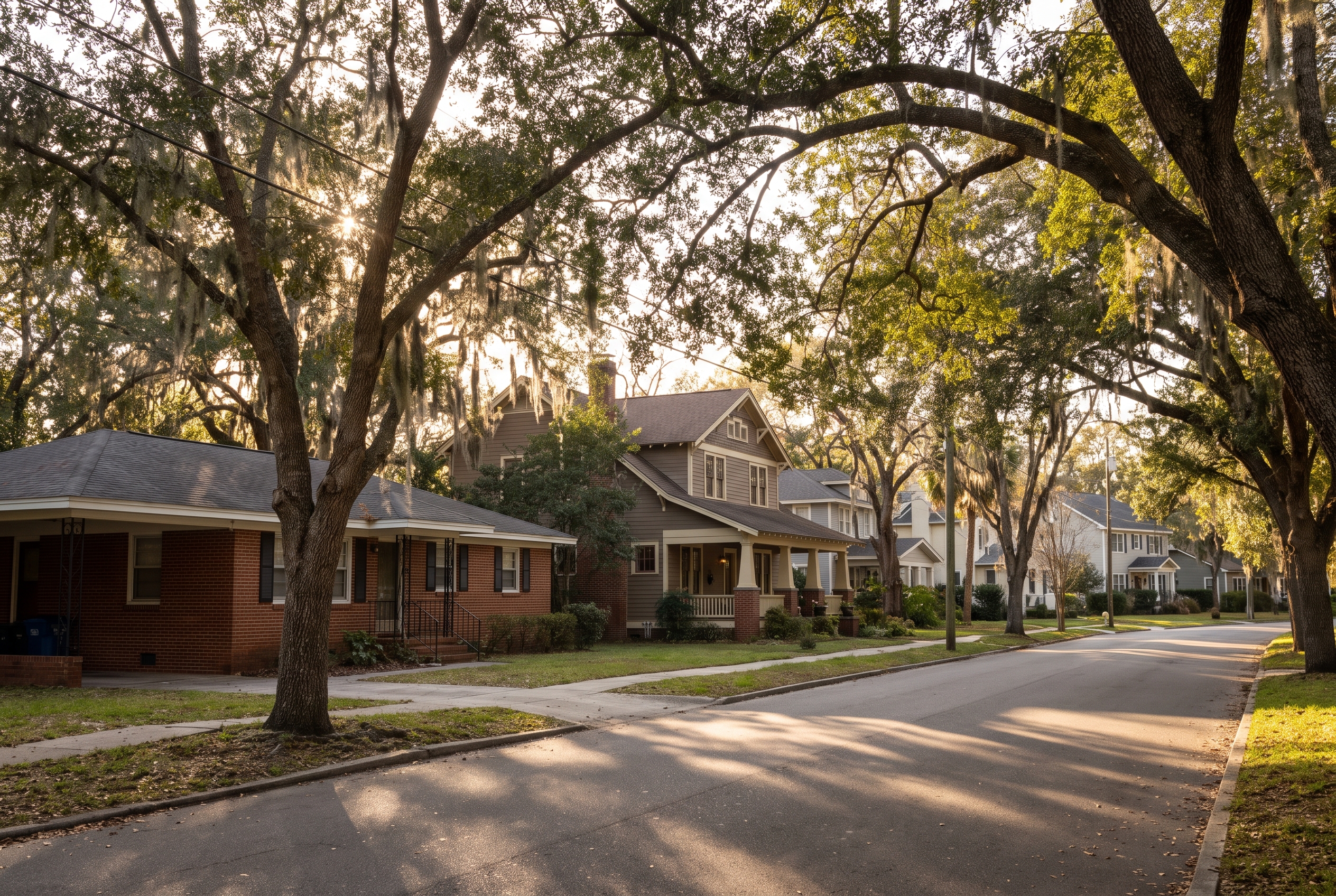 A quiet residential street lined with live oak trees, showing a modest brick home and a larger Craftsman-style house in the distance.