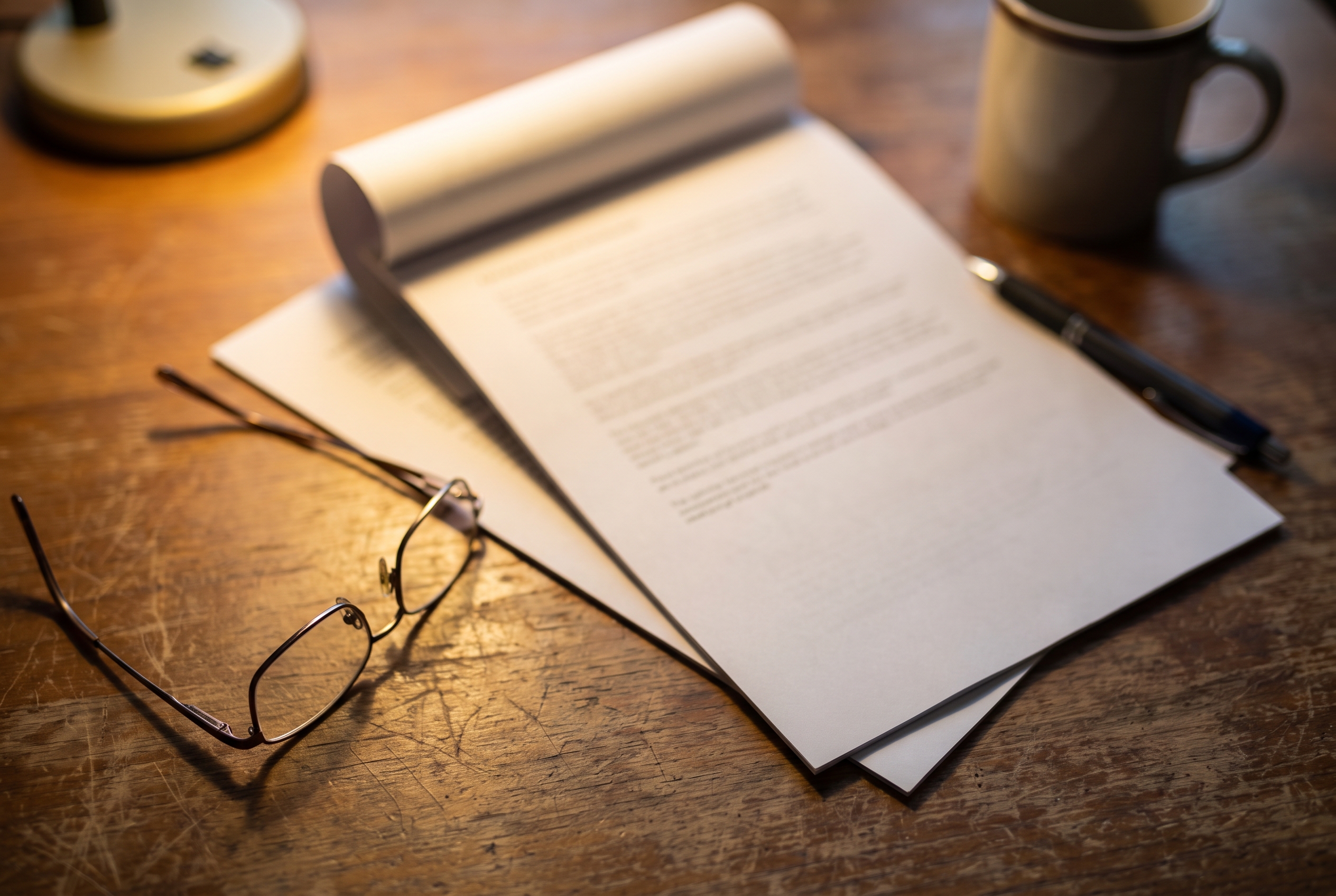 A blurred property tax bill and insurance document on a wood table beside reading glasses and a pen, with only the top edge in sharp focus.