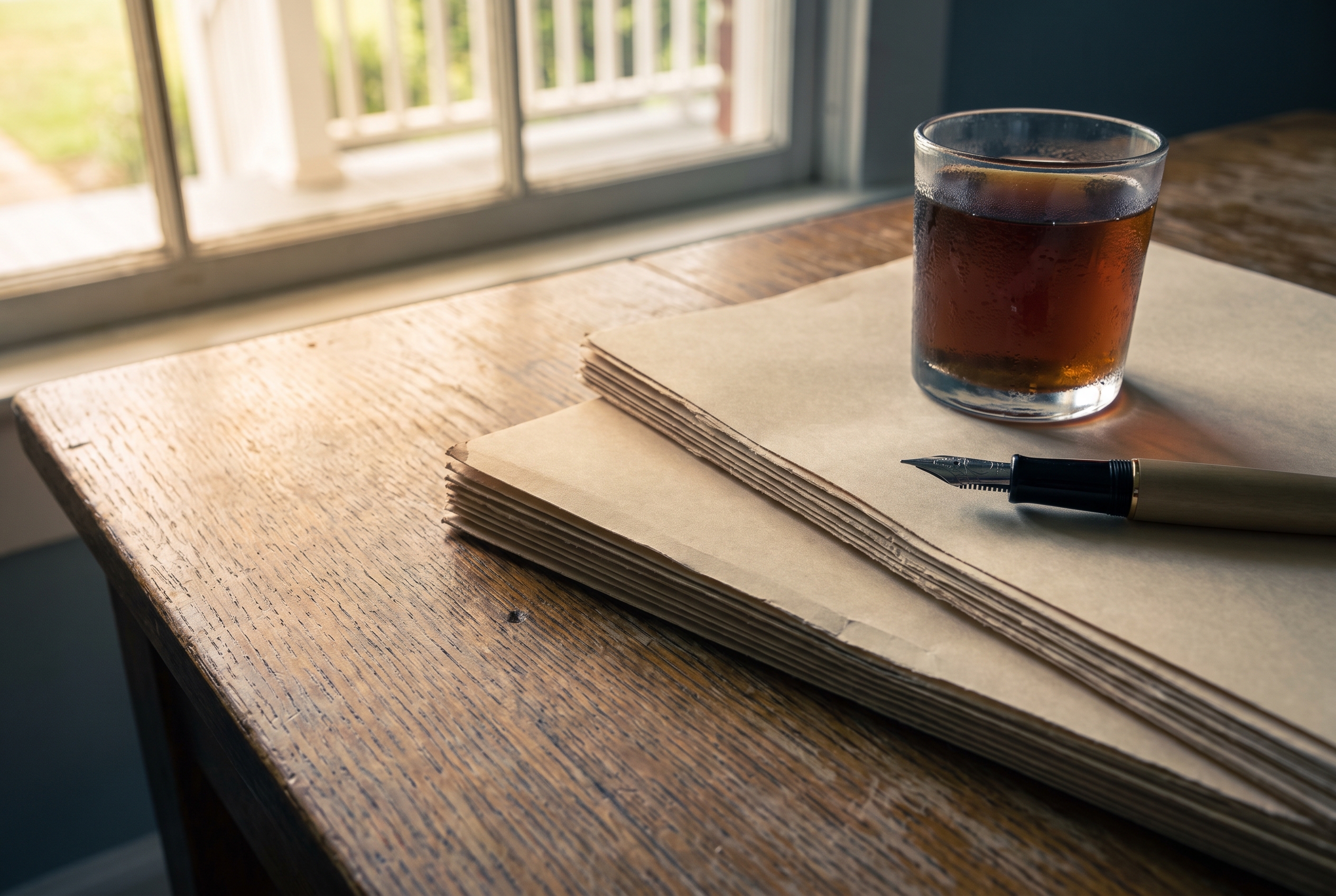 Two stacked paper packets and an uncapped fountain pen on a scarred oak table beside a glass of iced tea in soft window light.