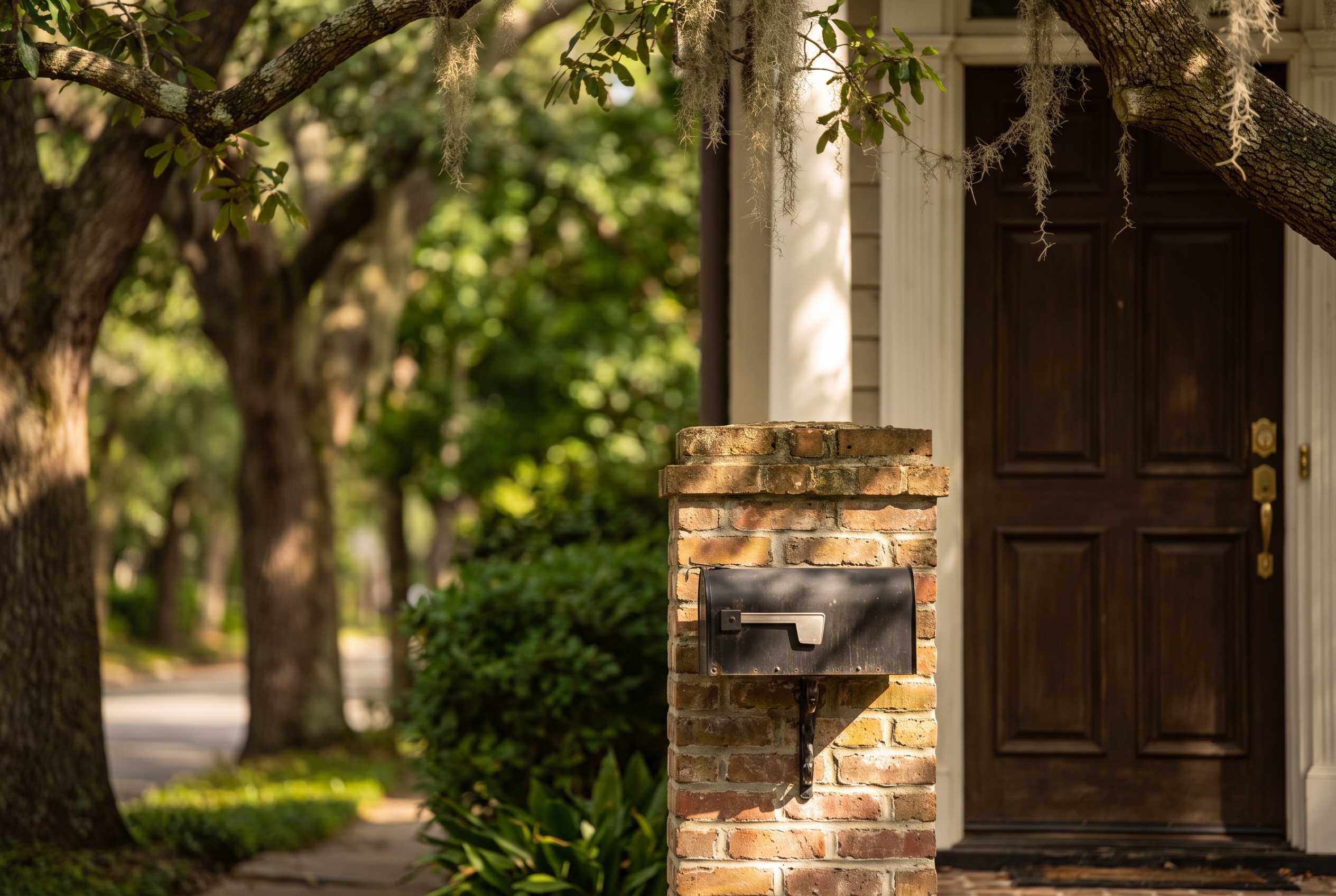 A black mailbox on a brick post beneath live oak branches hung with Spanish moss, with a front door softly blurred behind.