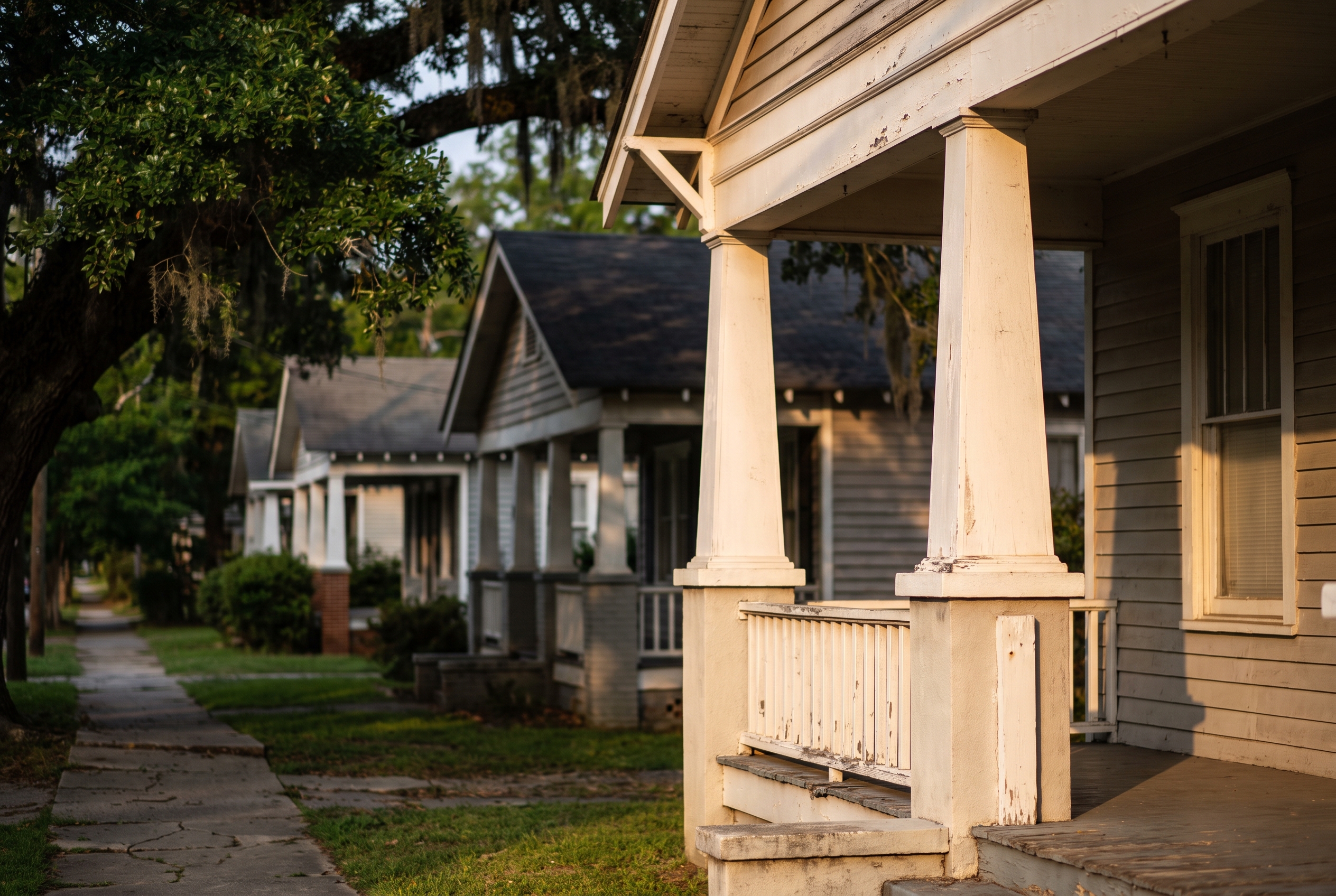 A small-town Georgia street lined with wooden Craftsman porches under live oak branches, several homes receding into soft afternoon light.