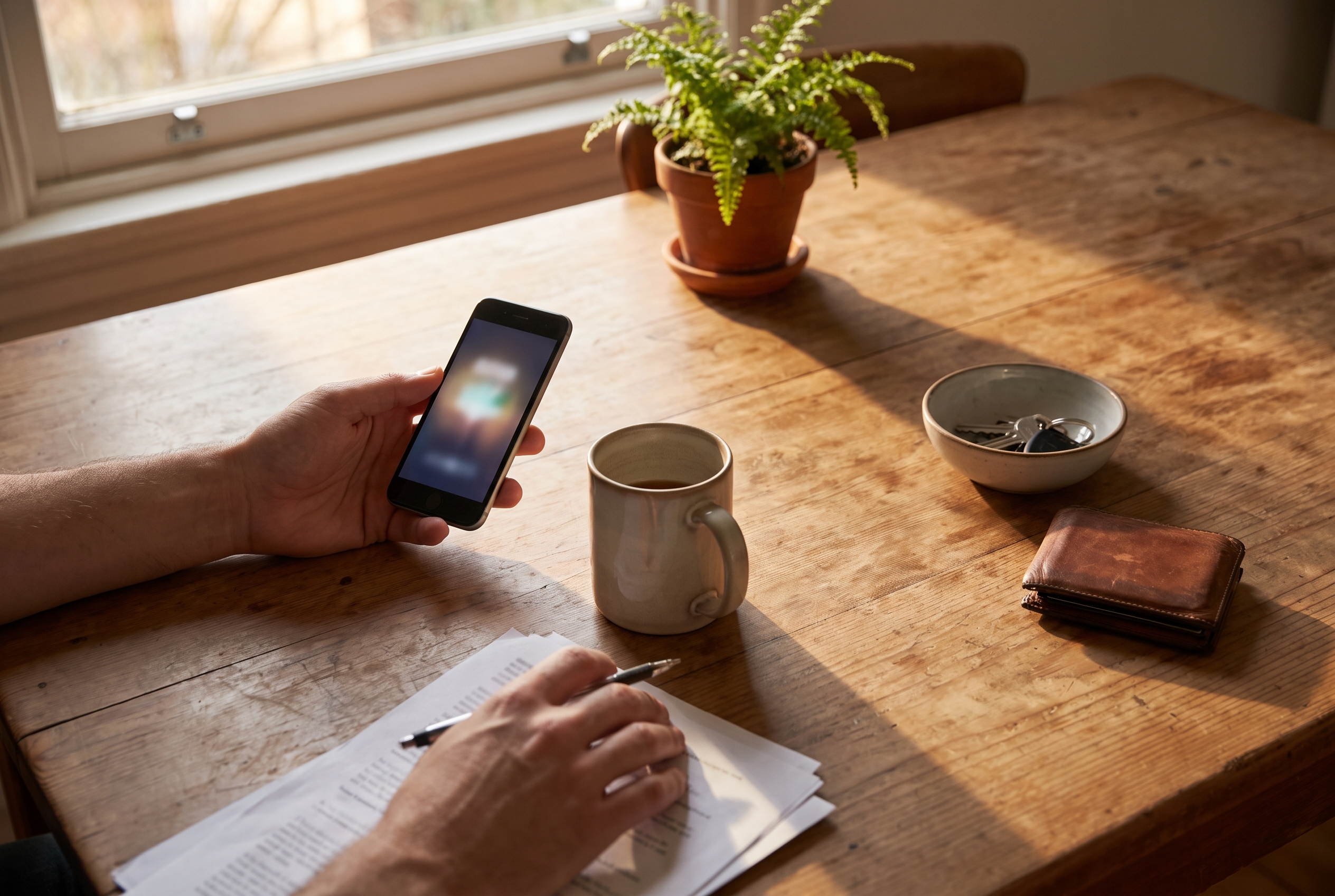 Hands at a wood kitchen table resting near a pen, a stack of papers, and a phone with a glowing but unreadable calculator screen in soft morning light.