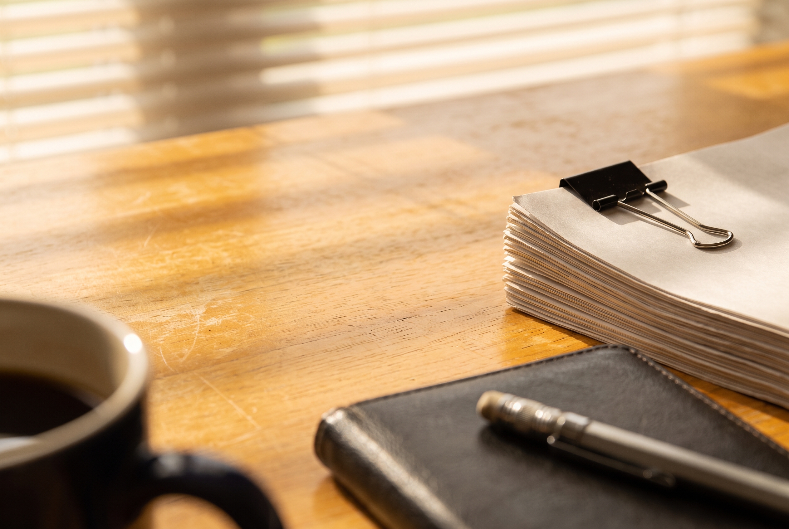 A clipped stack of bank and brokerage statements beside a checkbook and pencil on a sunlit wood kitchen table.