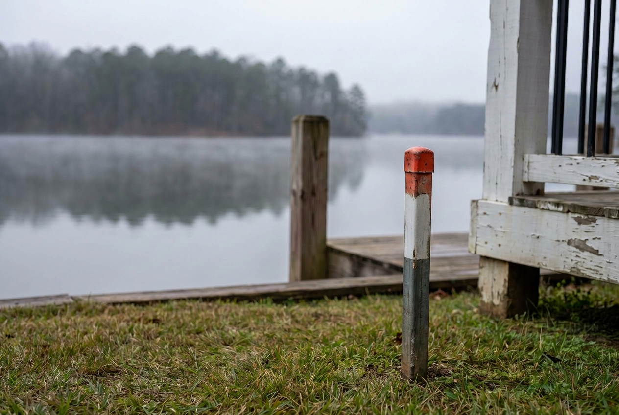 A metal survey stake in lakeside grass with a weathered dock post and porch railing corner beyond it, still water in the background.