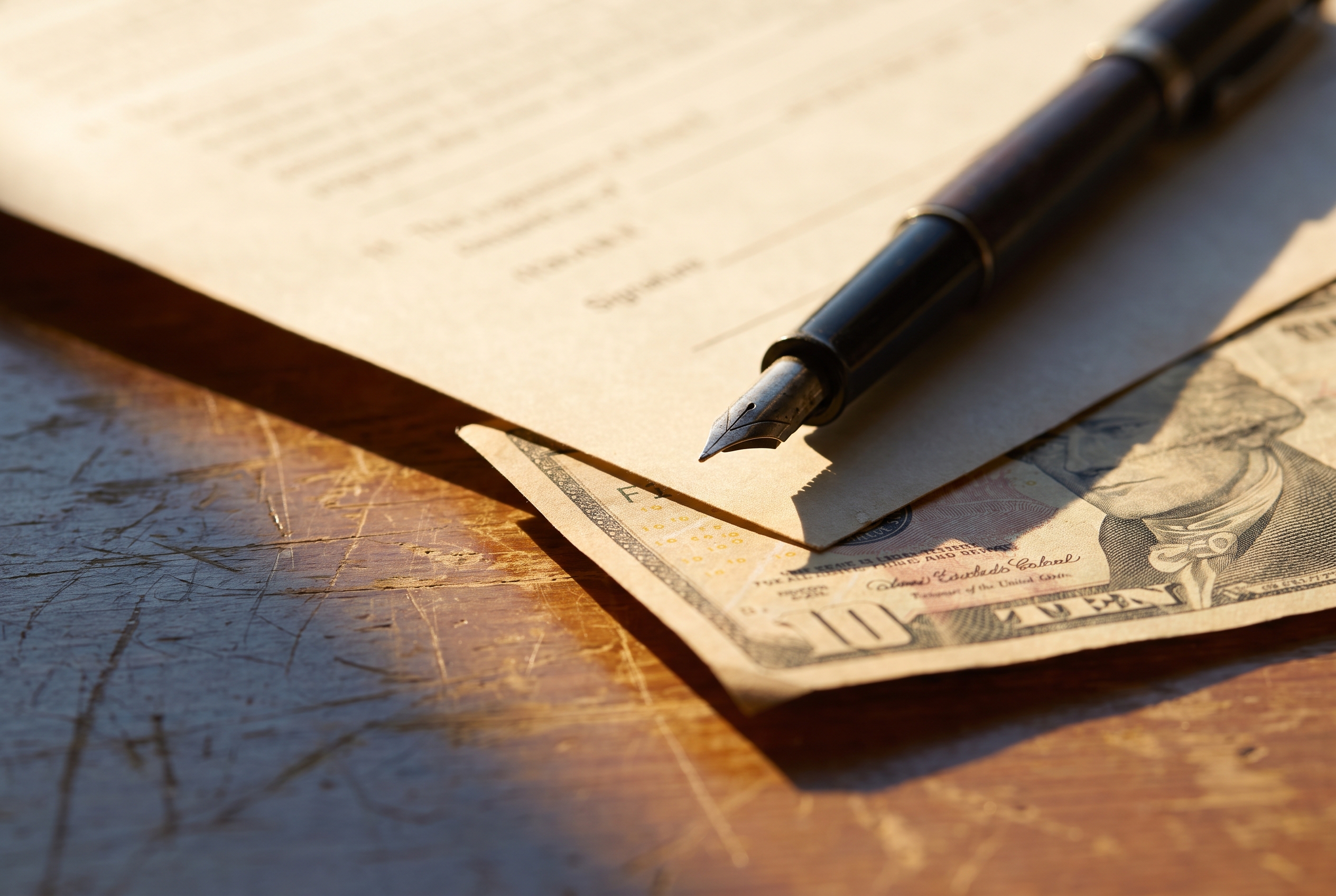 A close still life of a pen resting across a blurred, unsigned contract page beside a folded bill on a wood table.