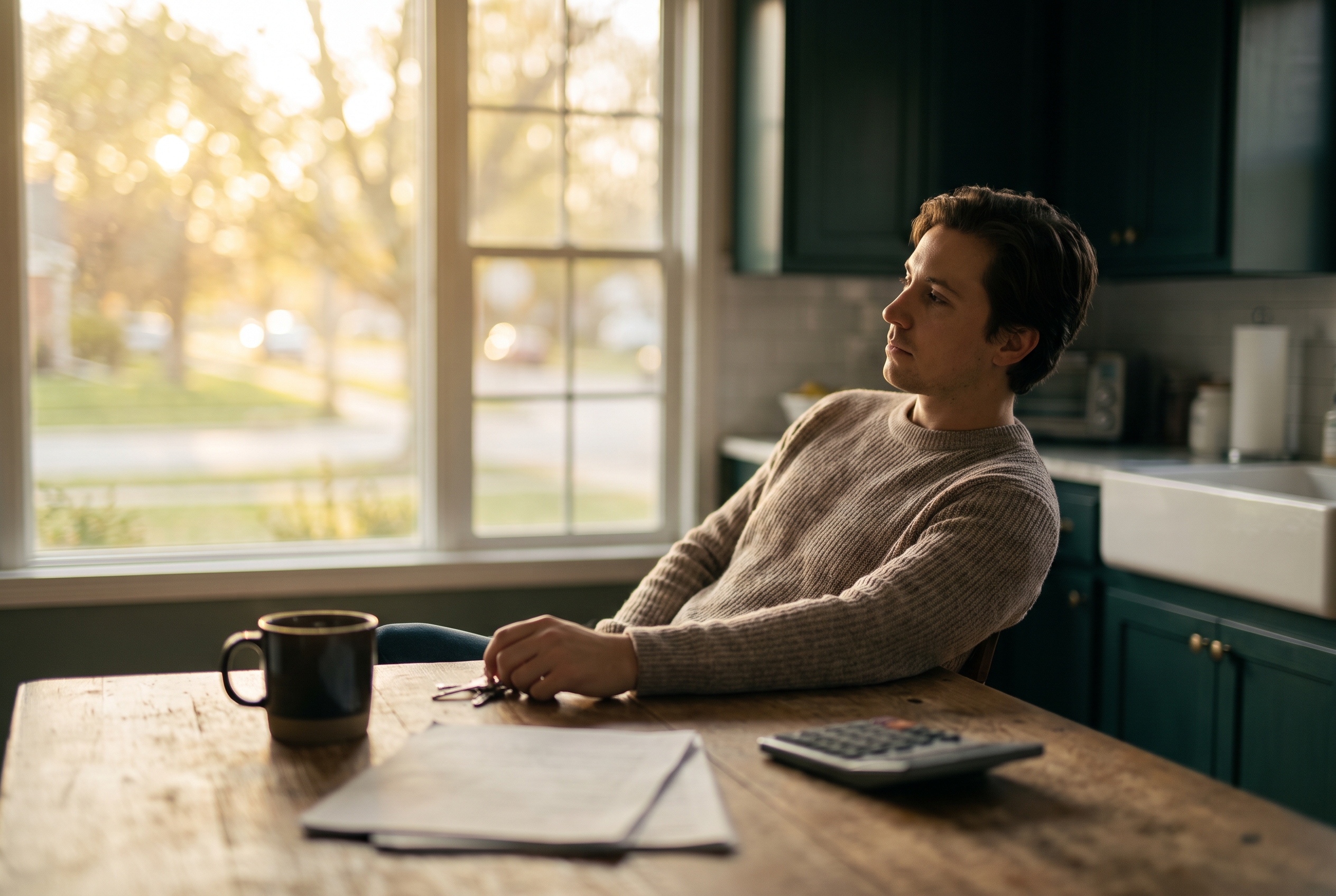A person sits thoughtfully alone at a kitchen table with coffee and blurred paperwork nearby in morning light.