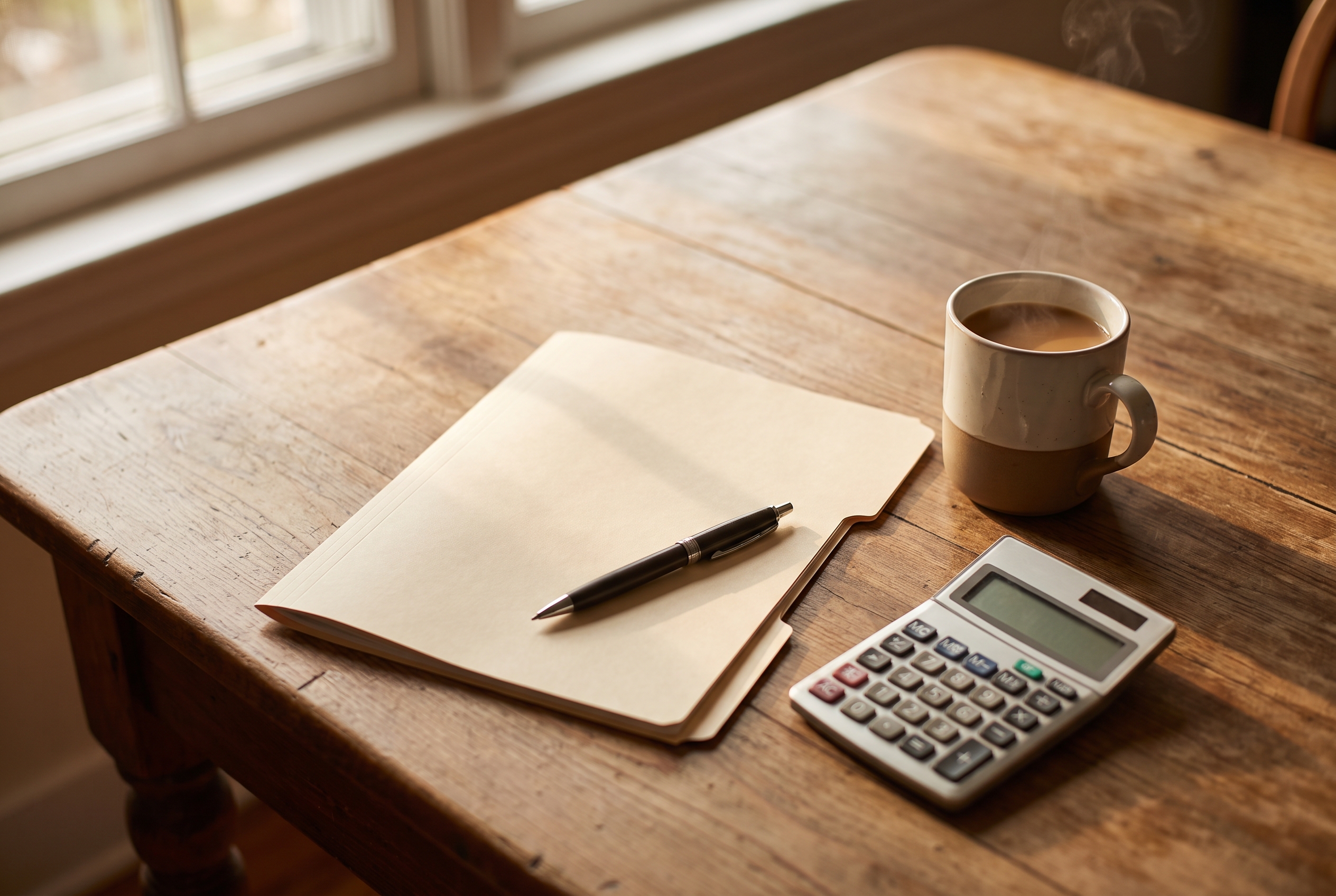 A calculator, closed folder, pen, and coffee mug arranged on a wood table in soft window light, suggesting careful financial calculations.
