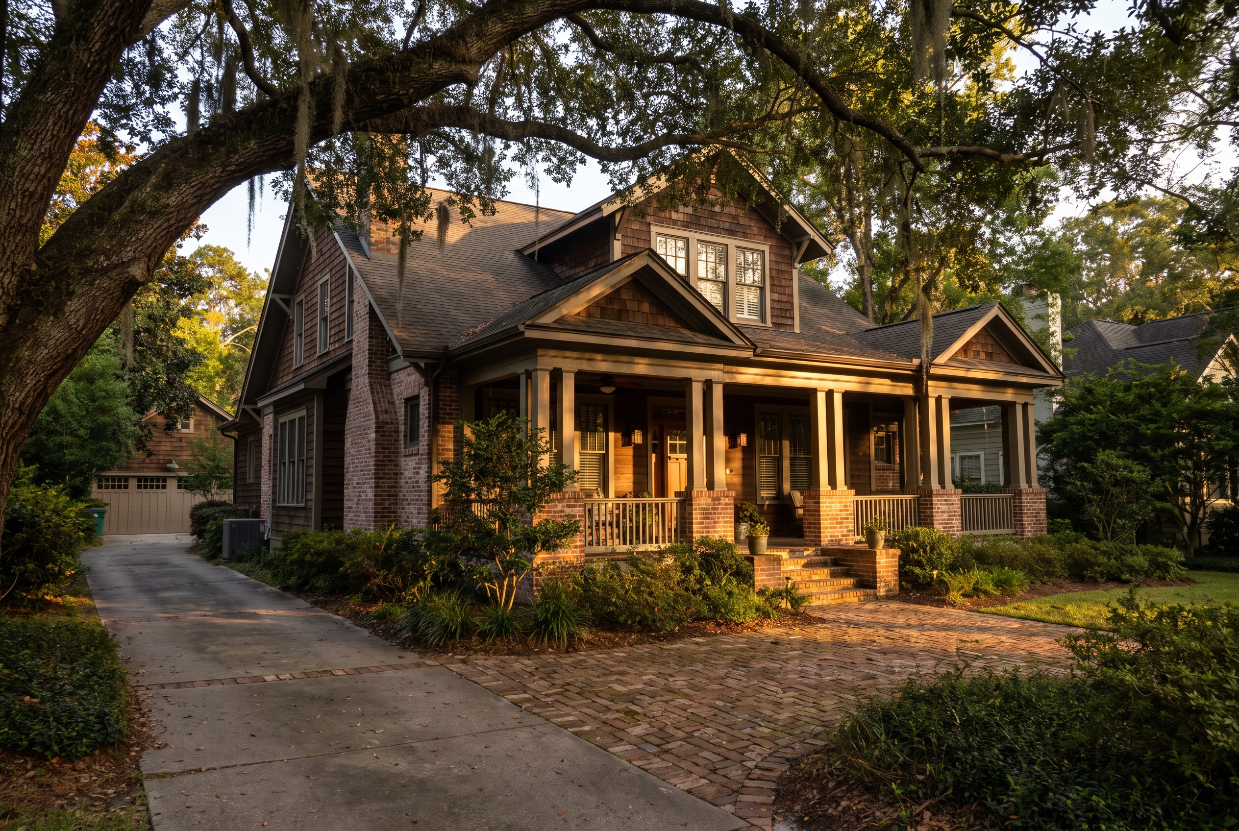The columned front porch of a Craftsman-style Georgia home at golden hour, framed by live oak branches.