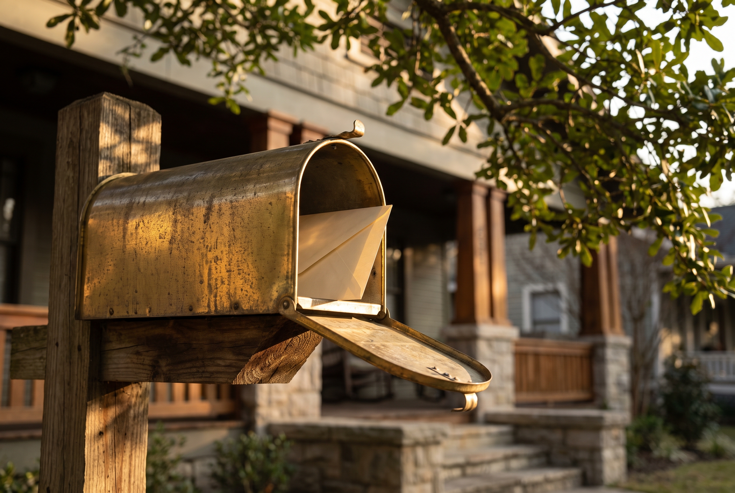 A brass mailbox on a wood post in front of a Craftsman porch, with a folded paper edge visible inside and live oak branches overhead.