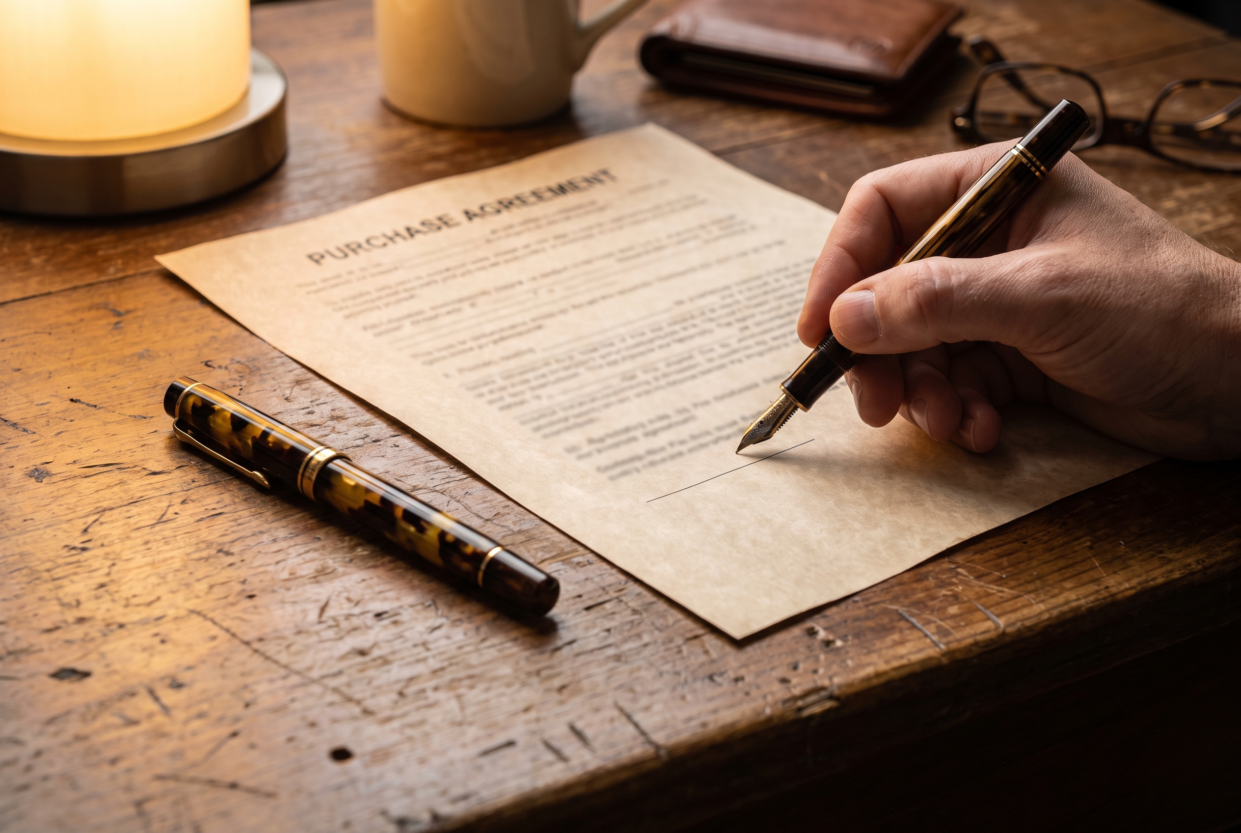 A pen resting on a blurred contract page on a wood table, lit by warm lamplight.