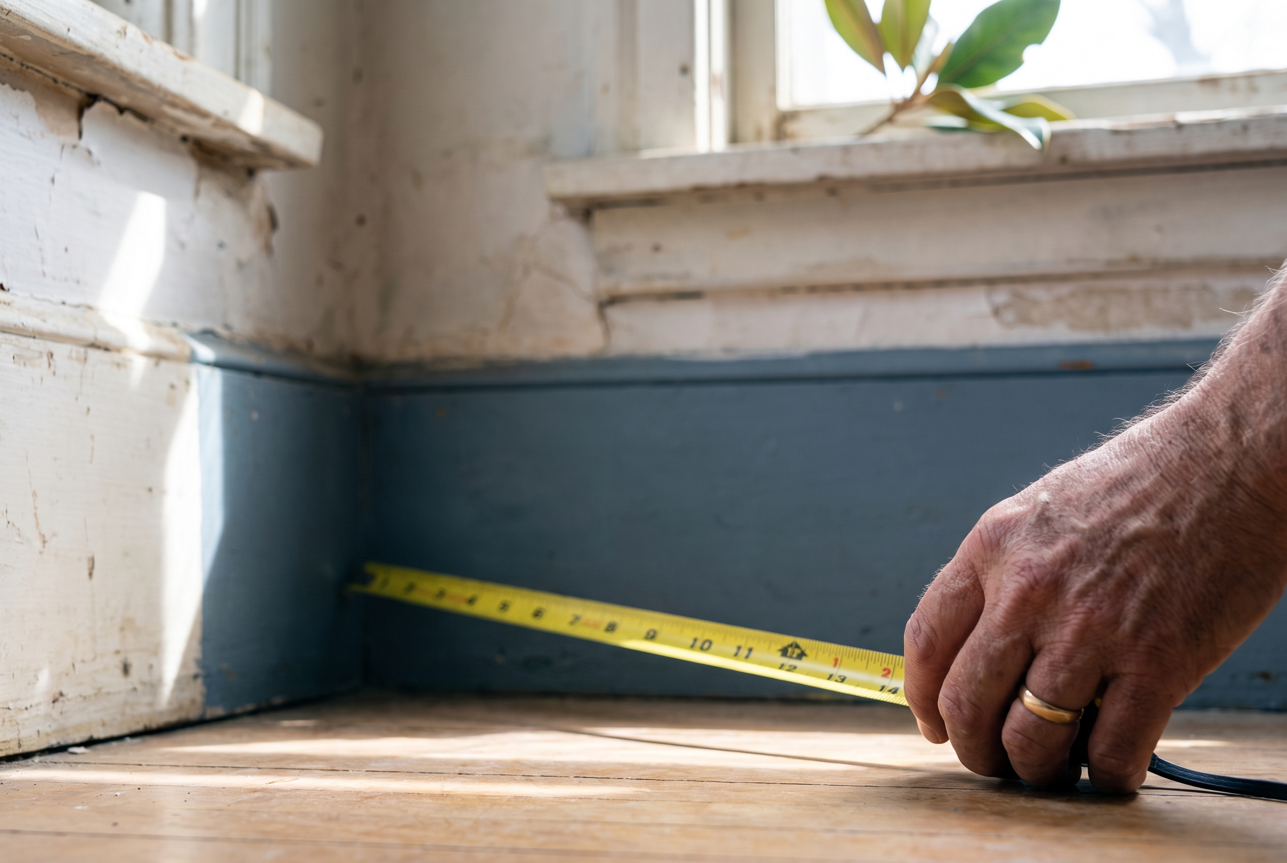A close-up of a hand stretching a metal tape measure across a bare, sunlit room corner.