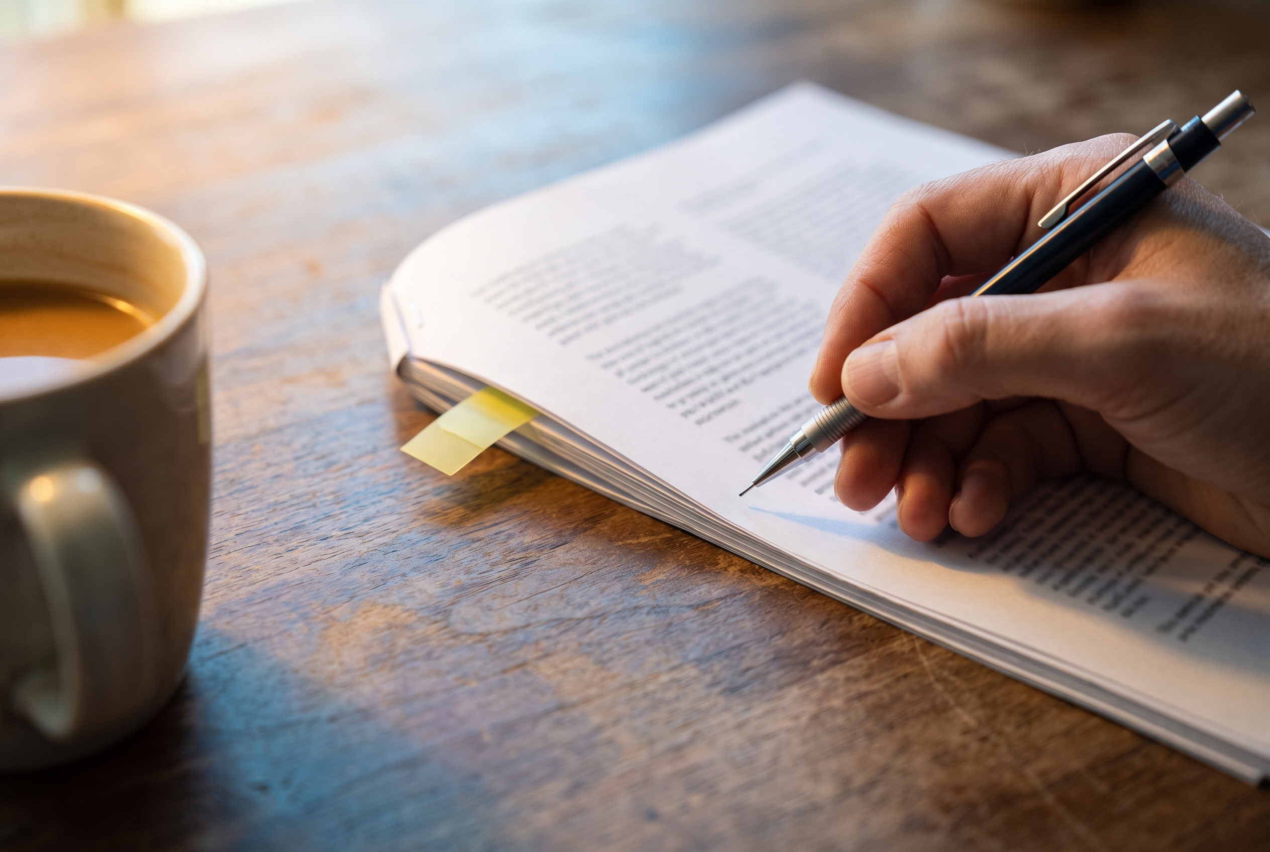 A hand holds a pencil above the edge of a stapled stack of pages on a walnut kitchen table, with a flagged page edge and a coffee mug softly blurred nearby.