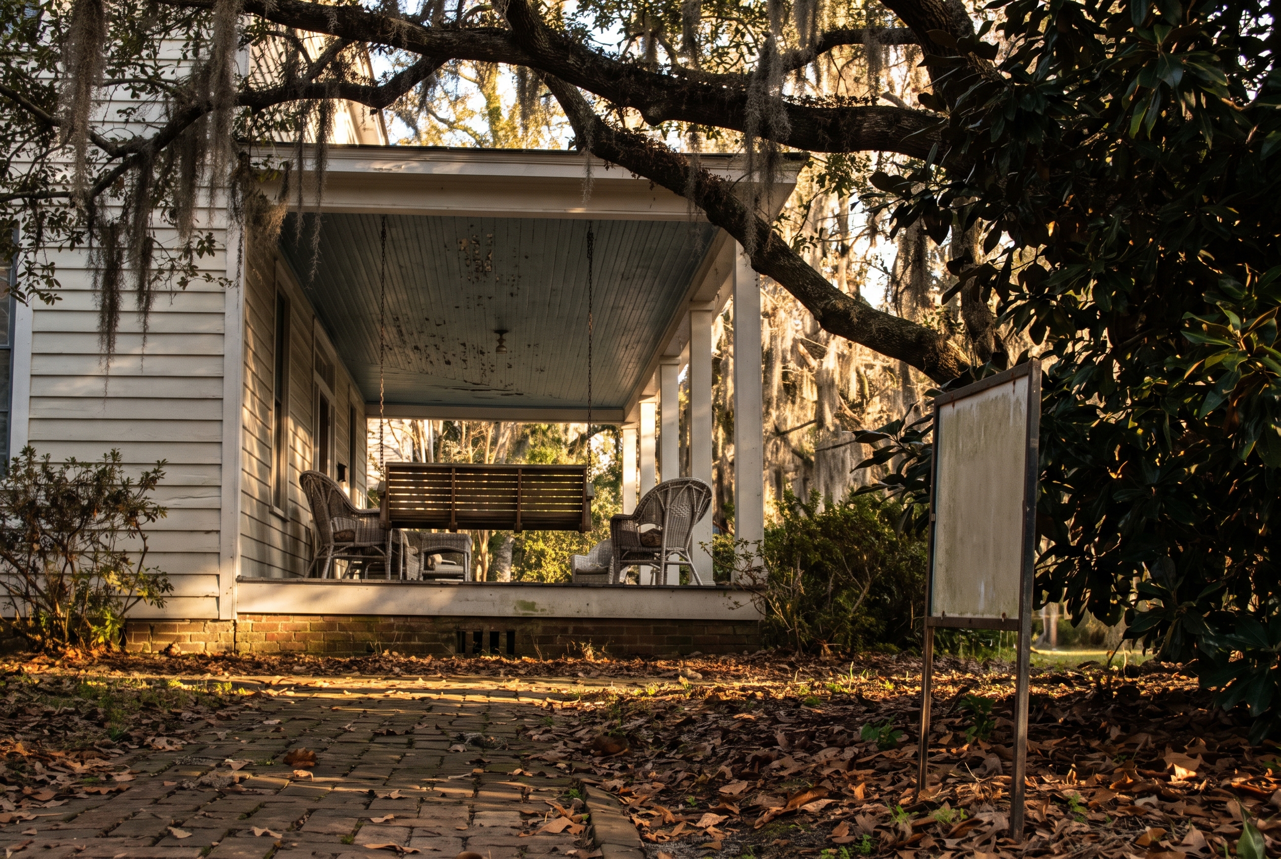 A Savannah-style porch with a peeling blue ceiling sits beneath live oak limbs draped in Spanish moss, with a yard sign seen edge-on at the walk.