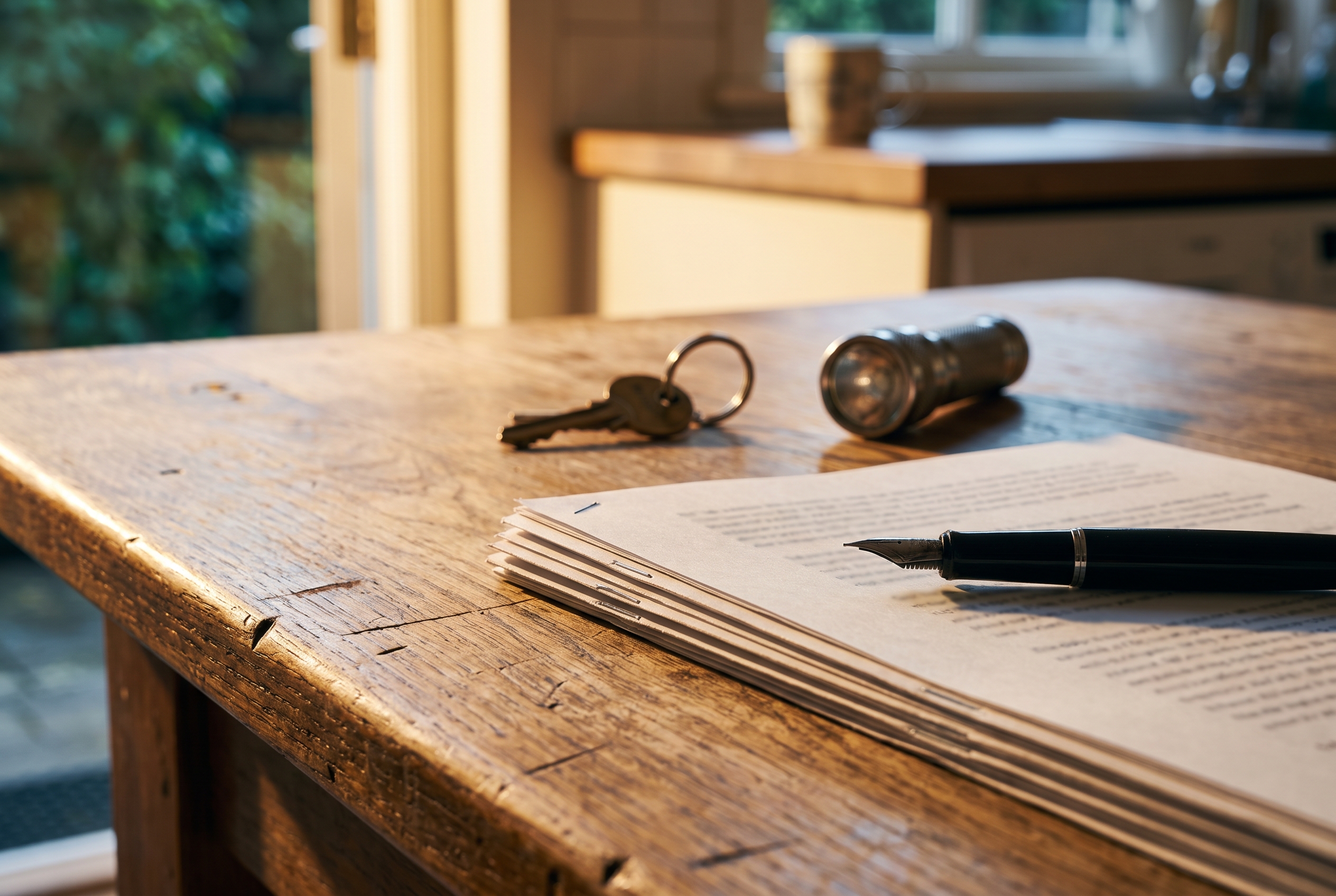 A worn oak table holds stapled pages with a pen across them, a brass house key and a small flashlight, lit by warm window light.