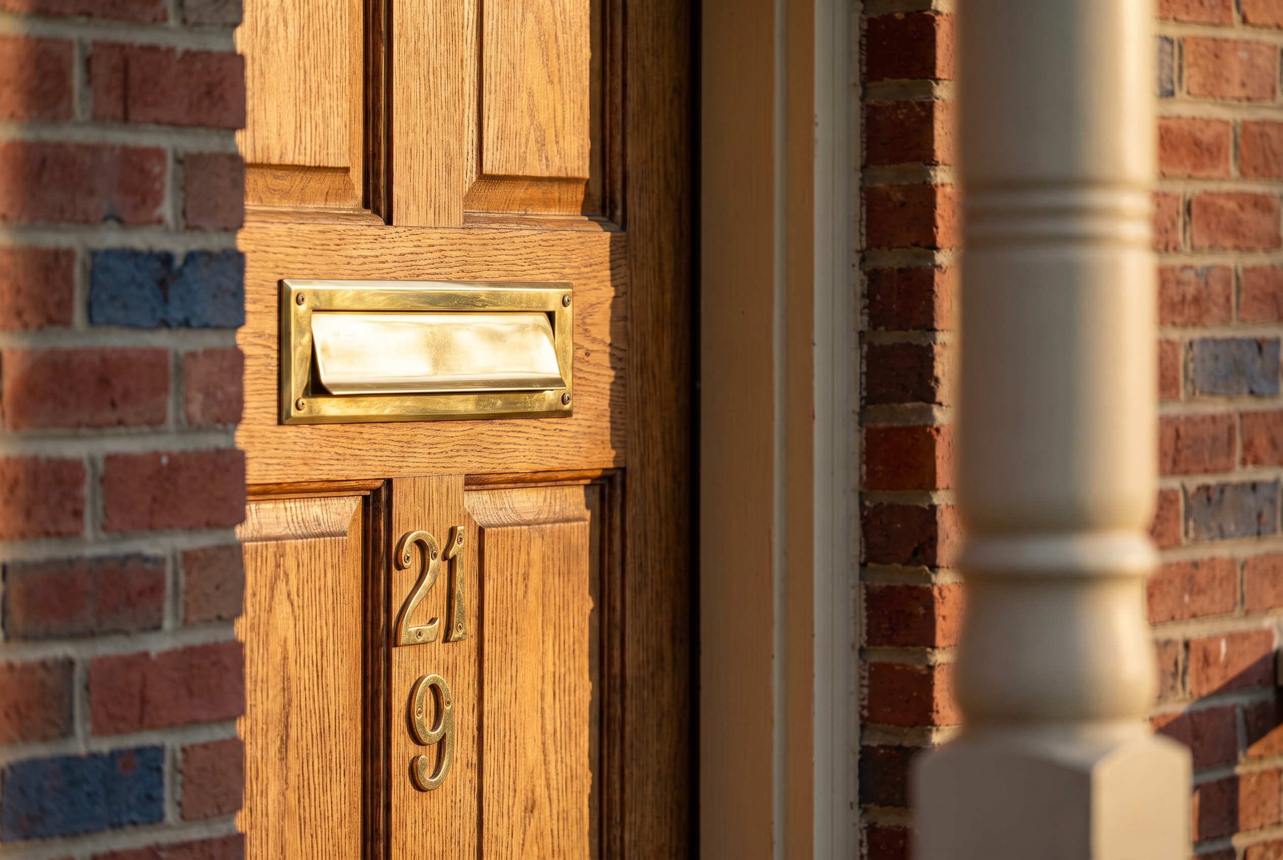 A brass mail slot and house numbers on a red-brick Craftsman front door, lit by warm late-afternoon sun